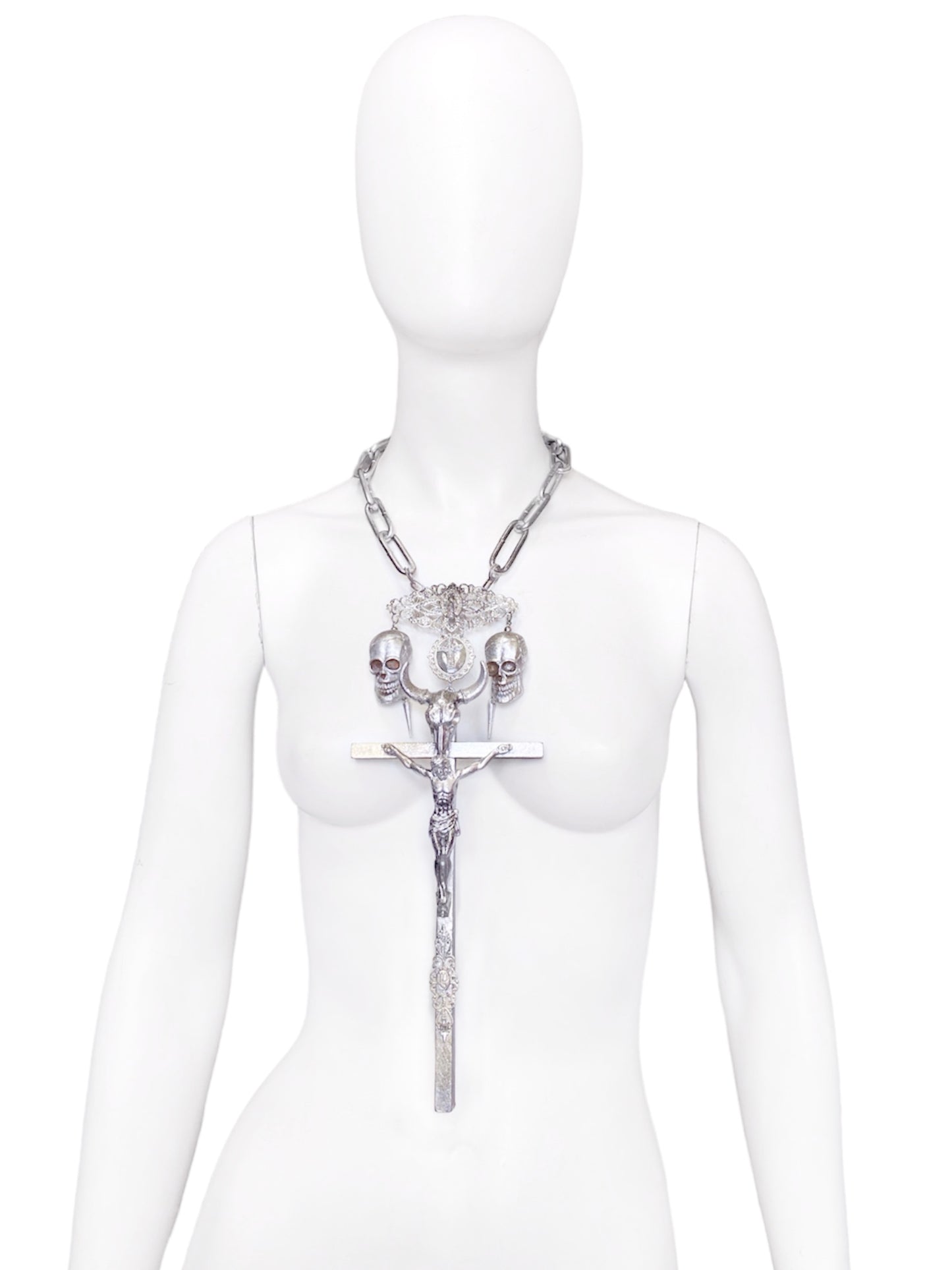 Jean Paul Gaultier 90S Sample 1/1 XXL Silver Crucifix Cross Bull Skull Spiked Chain Necklace