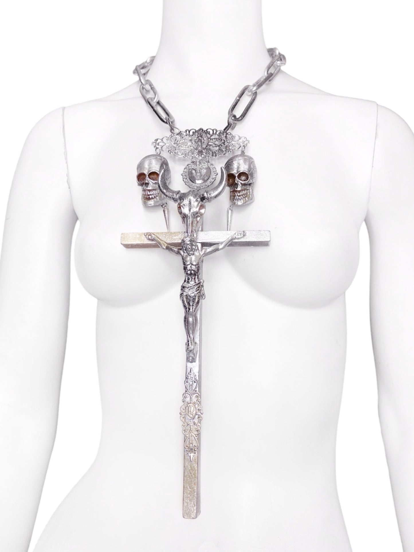 Jean Paul Gaultier 90S Sample 1/1 XXL Silver Crucifix Cross Bull Skull Spiked Chain Necklace
