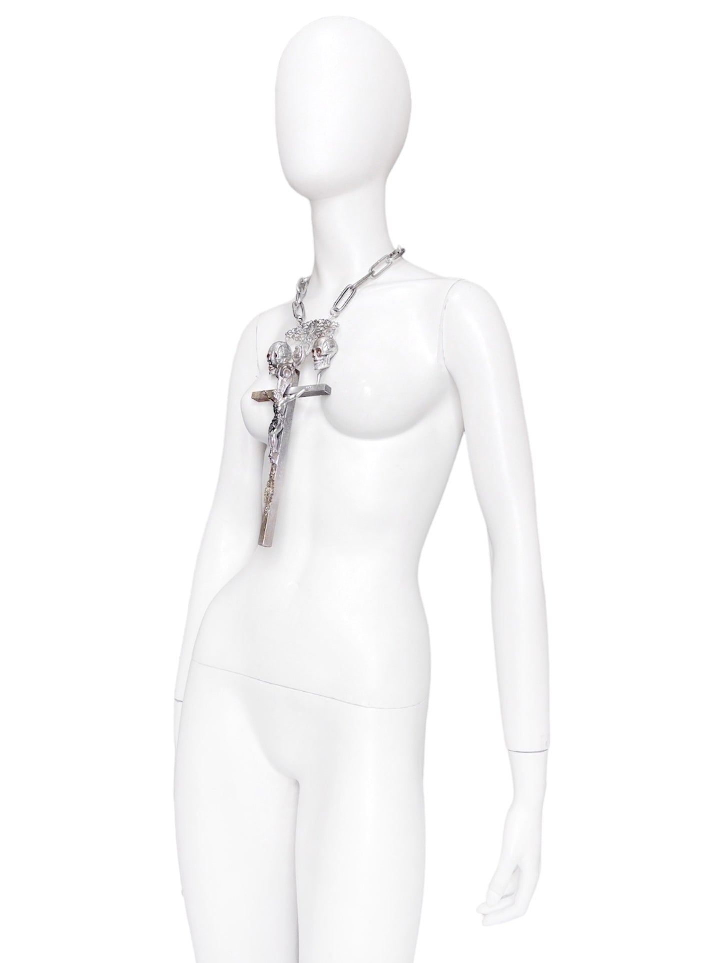 Jean Paul Gaultier 90S Sample 1/1 XXL Silver Crucifix Cross Bull Skull Spiked Chain Necklace