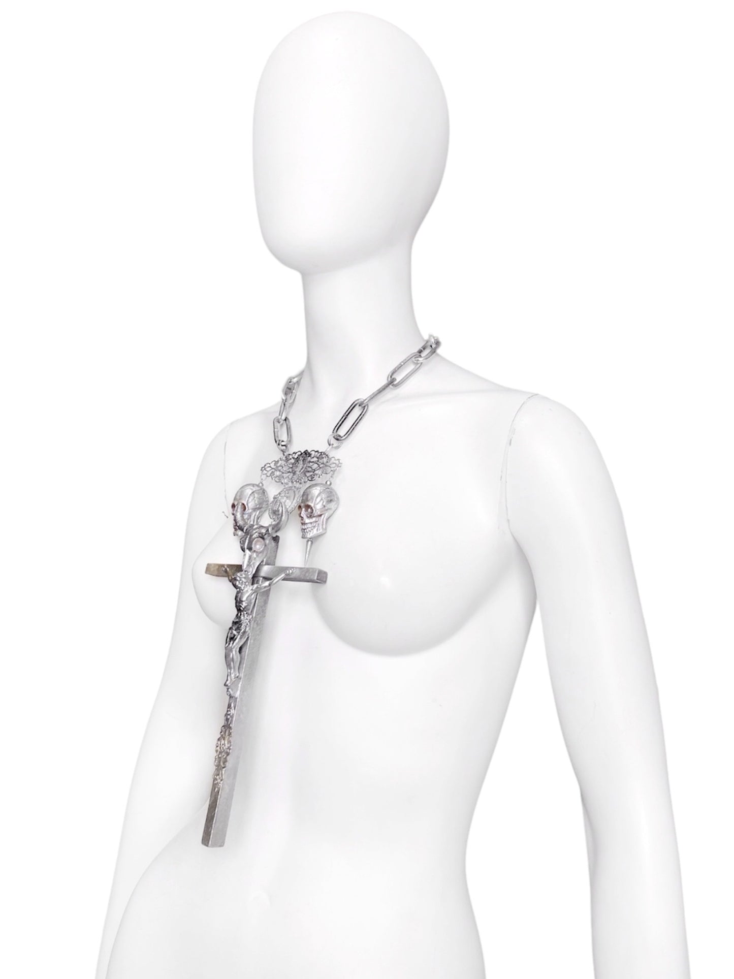 Jean Paul Gaultier 90S Sample 1/1 XXL Silver Crucifix Cross Bull Skull Spiked Chain Necklace