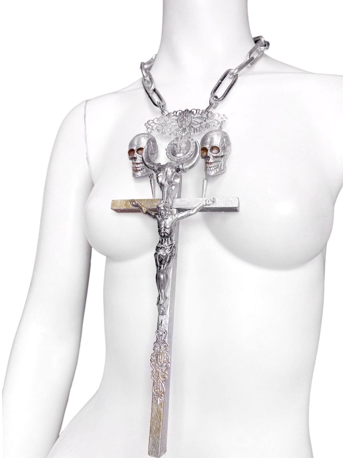 Jean Paul Gaultier 90S Sample 1/1 XXL Silver Crucifix Cross Bull Skull Spiked Chain Necklace