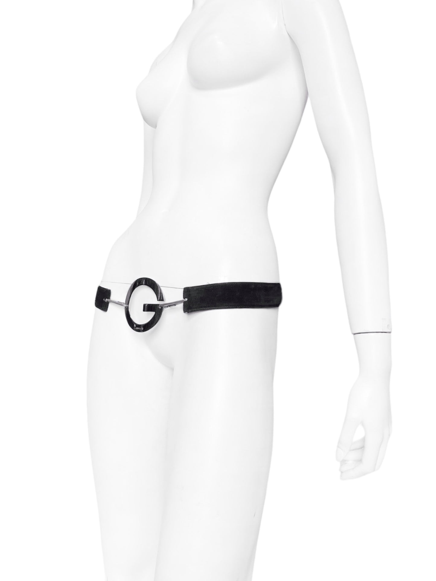 Gucci Spring 1996 Tom Ford “G” Emblem Black Suede Belt 34