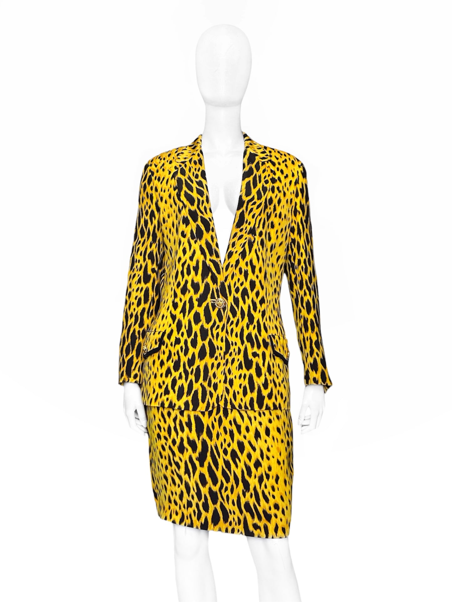 MONUMENTAL Gianni Versace Spring 1992 ANIMALIER Runway Leopard Print Silk Blazer Skirt Set 42