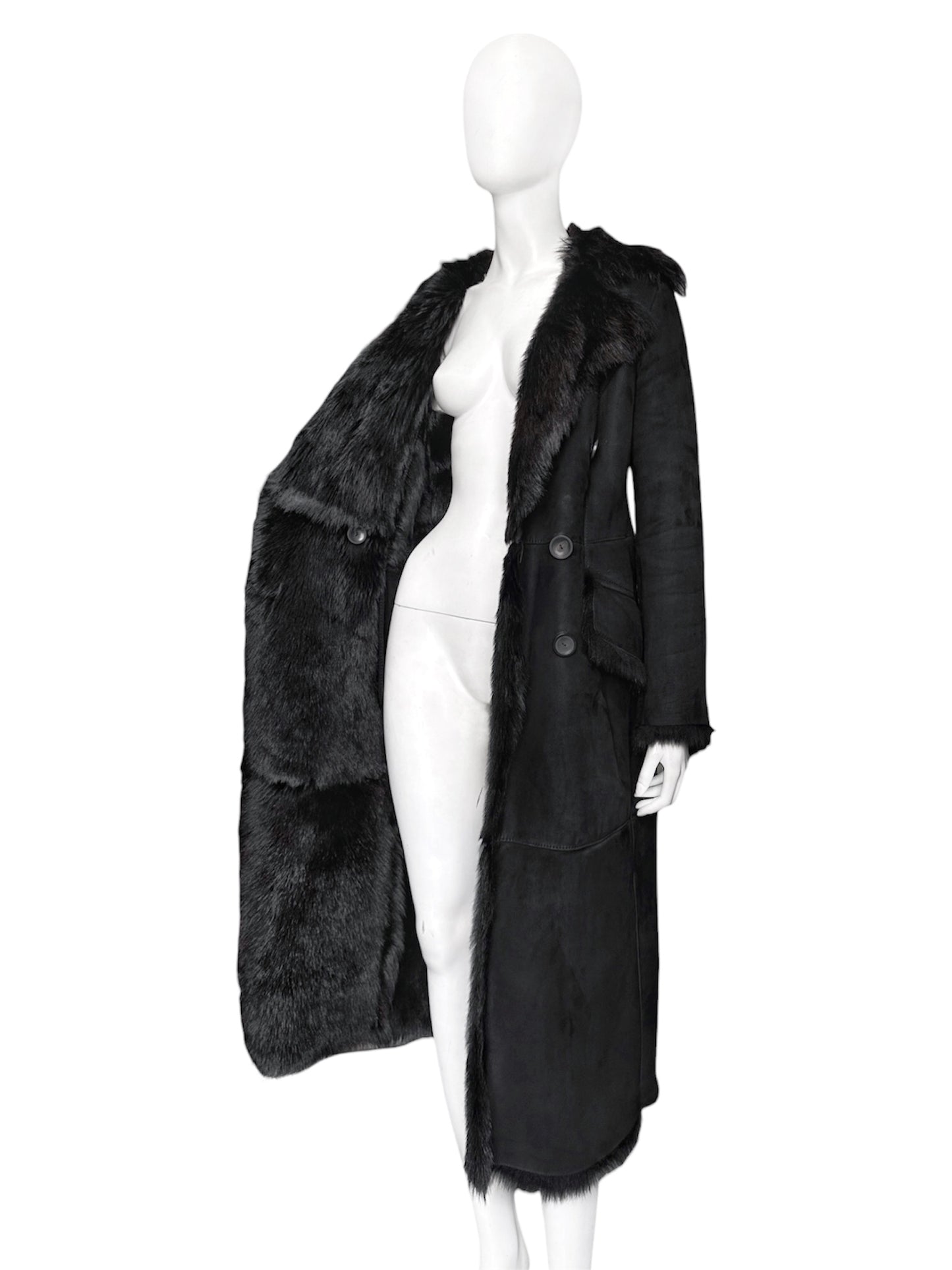 Gucci Fall 1996 Tom Ford Kate Moss Double-Breasted Long Shearling Coat 40