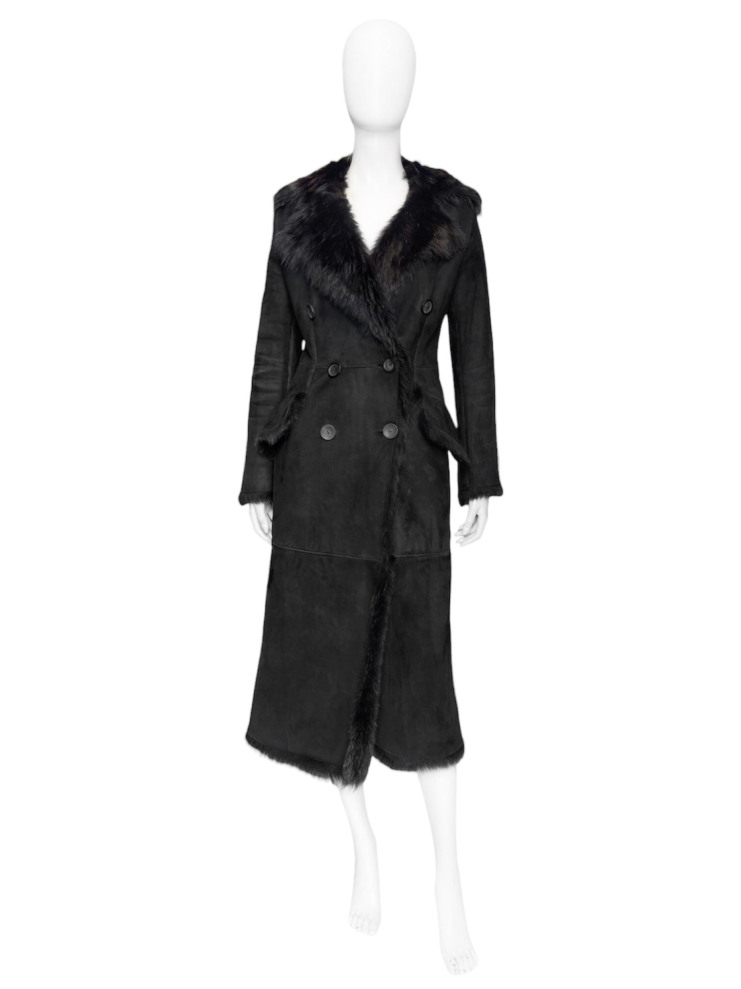 Gucci Fall 1996 Tom Ford Kate Moss Double-Breasted Long Shearling Coat 40