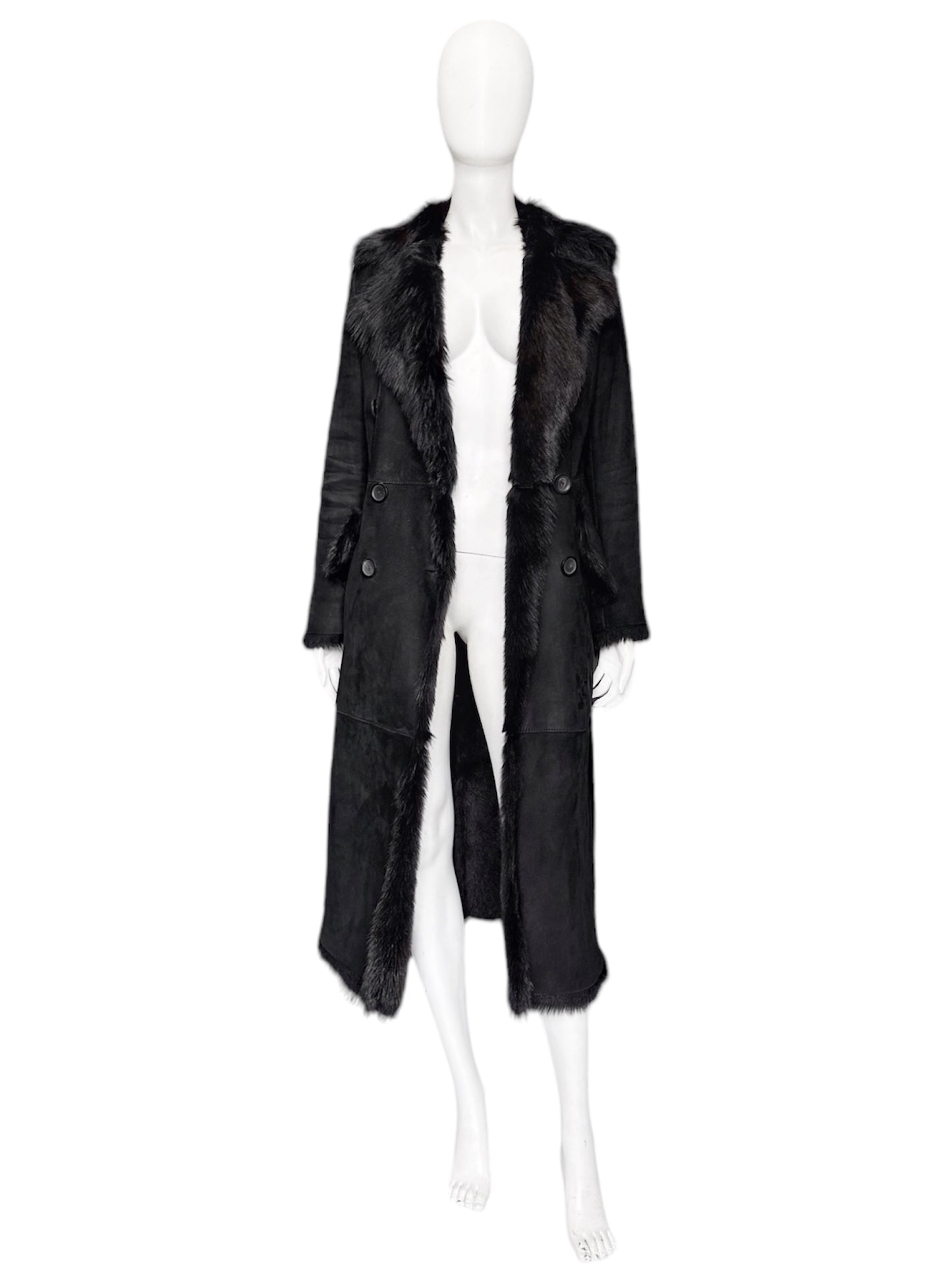 Gucci Fall 1996 Tom Ford Kate Moss Double-Breasted Long Shearling Coat 40