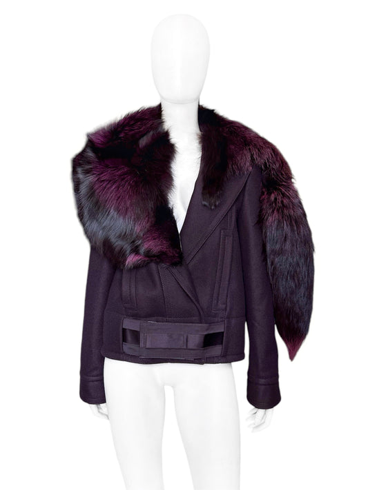 STATEMENT Gucci Fall 2004 Tom Ford Purple Fox Fur Stole Collar Wool Cashmere Coat Jacket 42