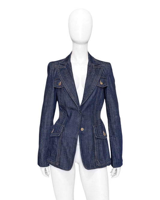 Gucci Fall 2003 Tom Ford Blue Denim Military Blazer Jacket 40