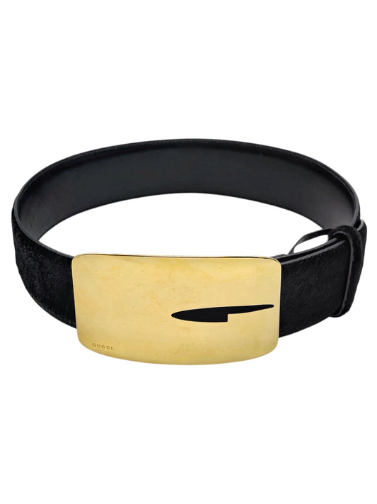 Gucci Fall 1996 Tom Ford Iconic Gold Logo Brown Pony Hair Belt 28