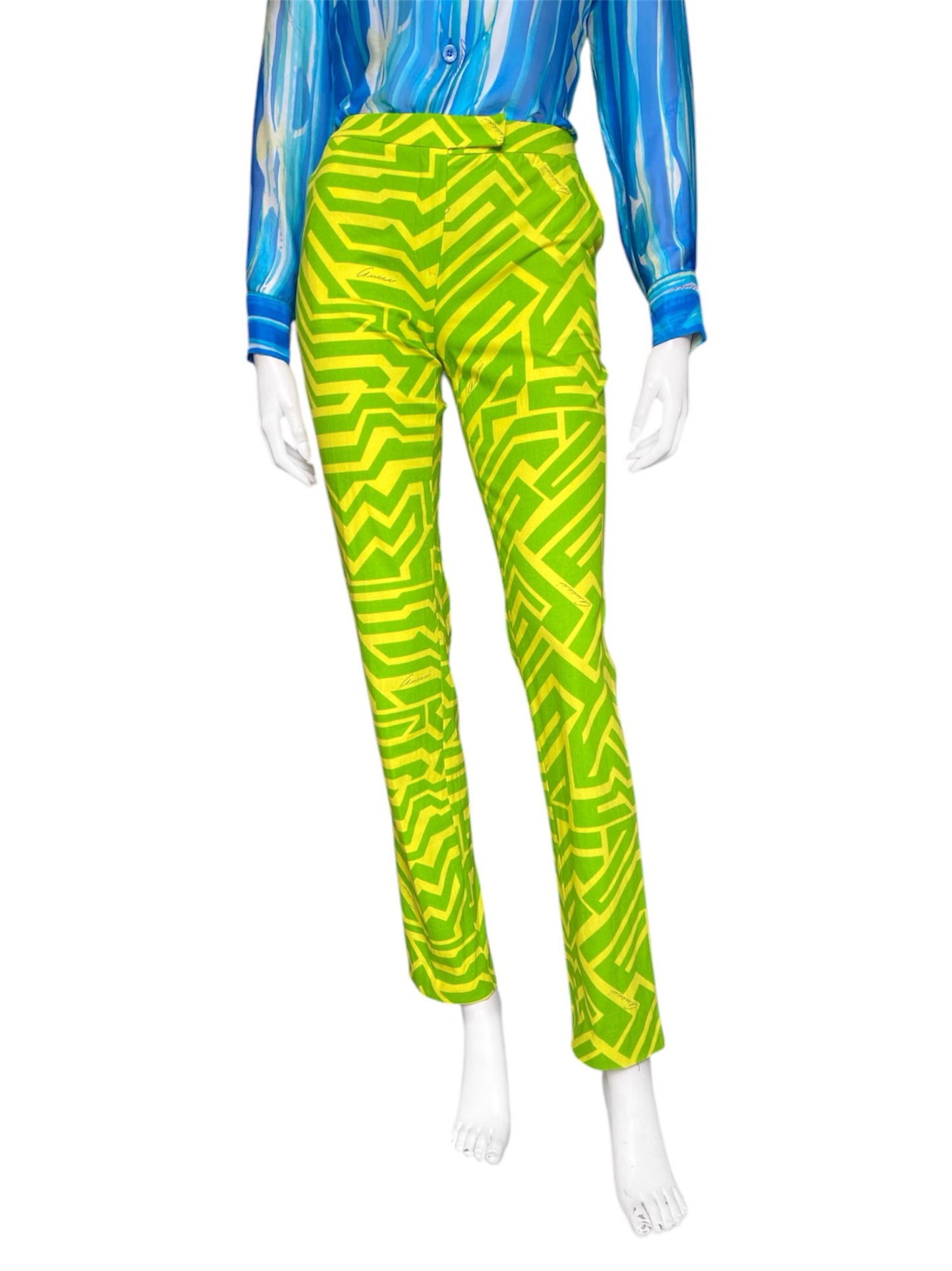 Gucci Spring 1996 Tom Ford Green Geometric Print Denim Trousers Pants 38