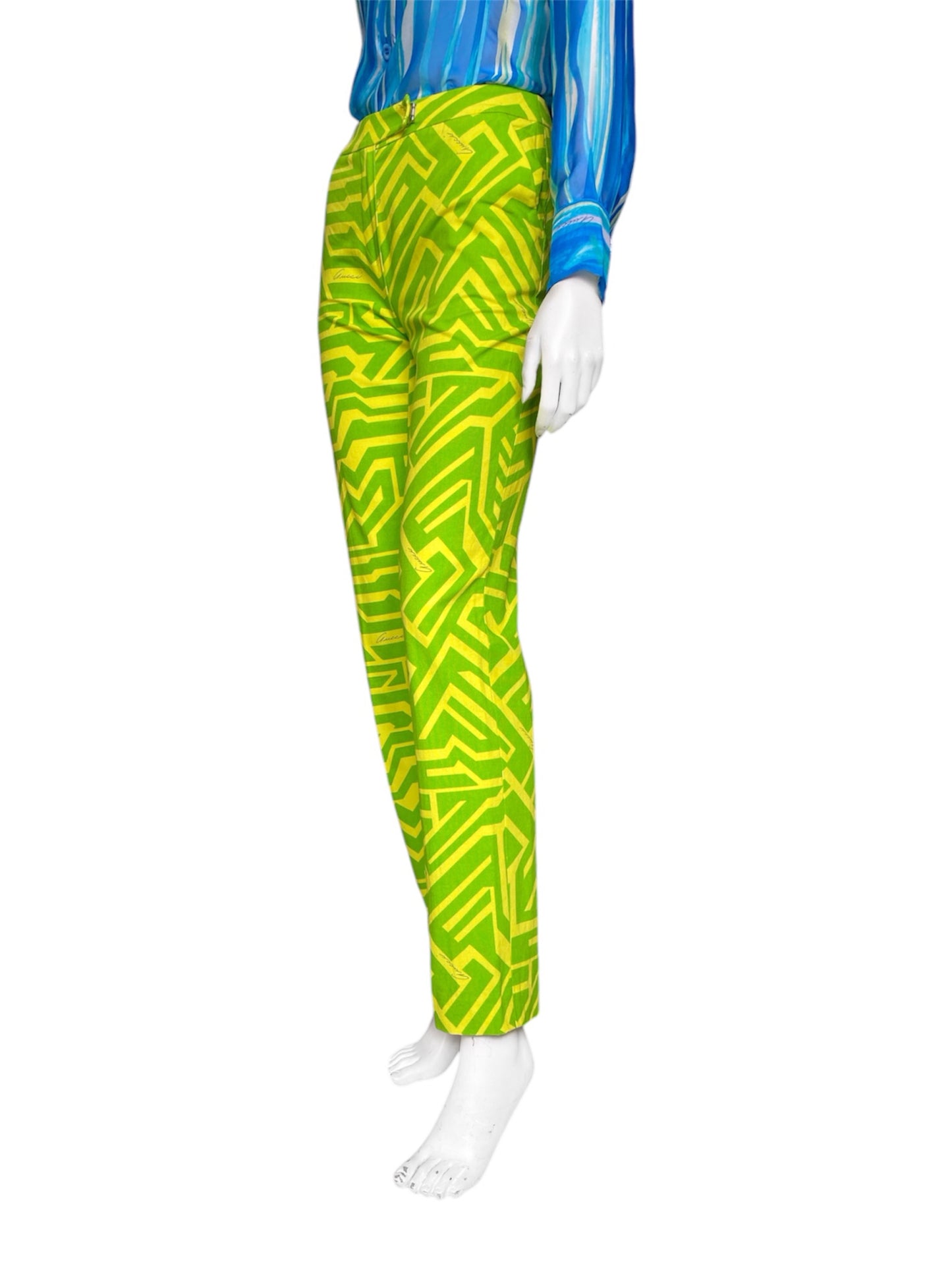 Gucci Spring 1996 Tom Ford Green Geometric Print Denim Trousers Pants 38