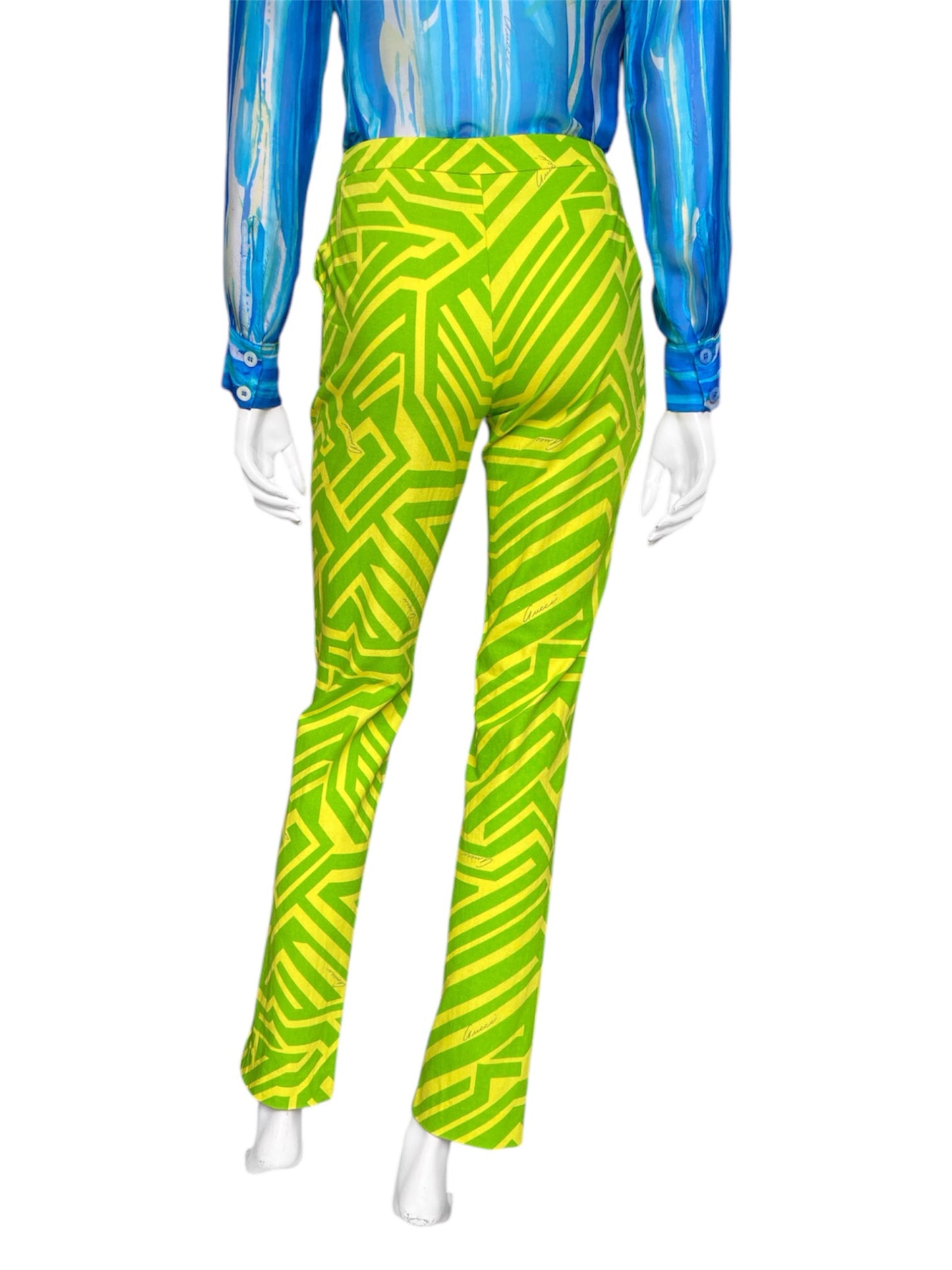 Gucci Spring 1996 Tom Ford Green Geometric Print Denim Trousers Pants 38