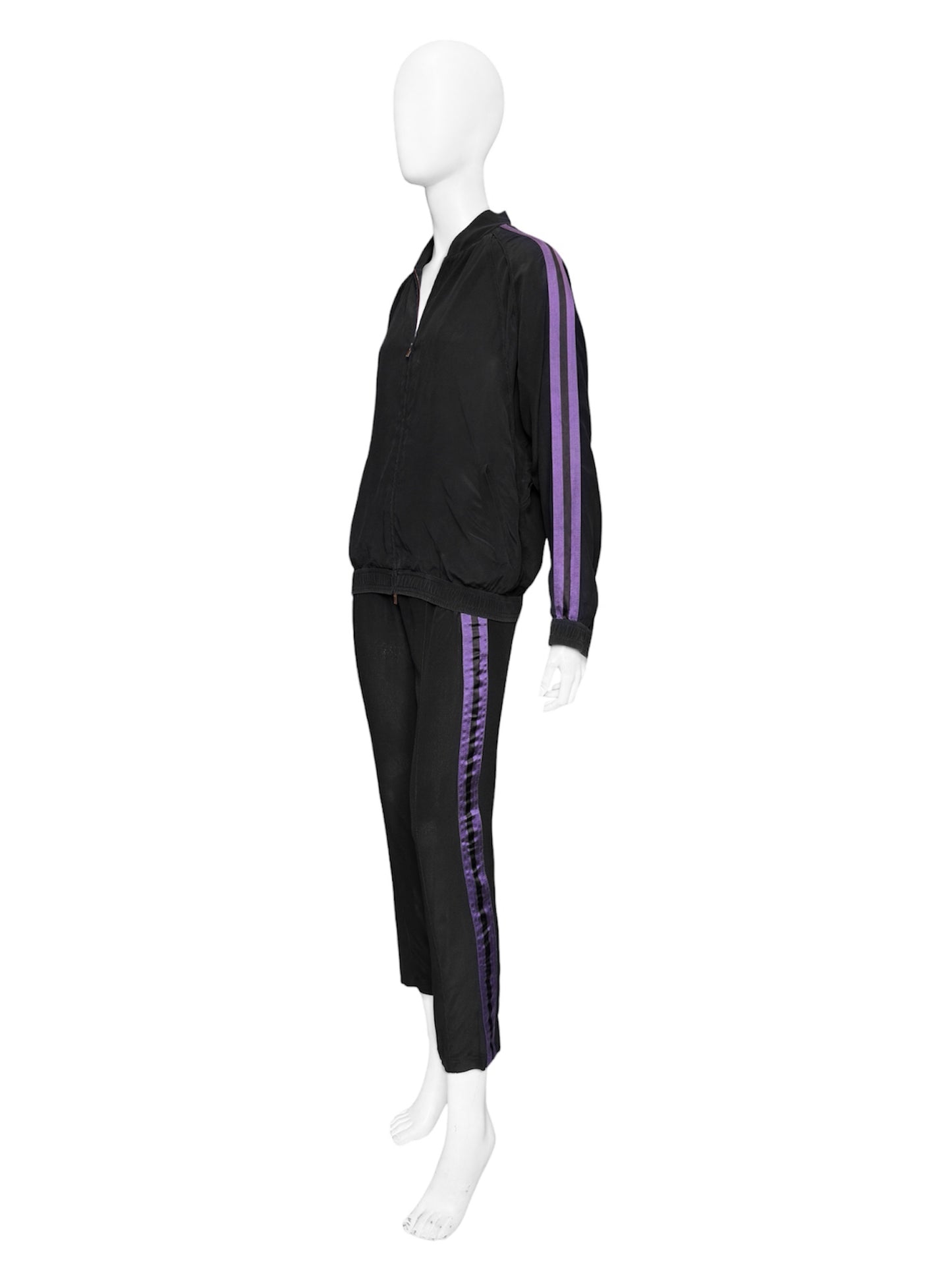 Gucci Spring 2004 Tom Ford Black Webbing Striped Crepe de Chine Silk Bomber Jacket pants tracksuit 38