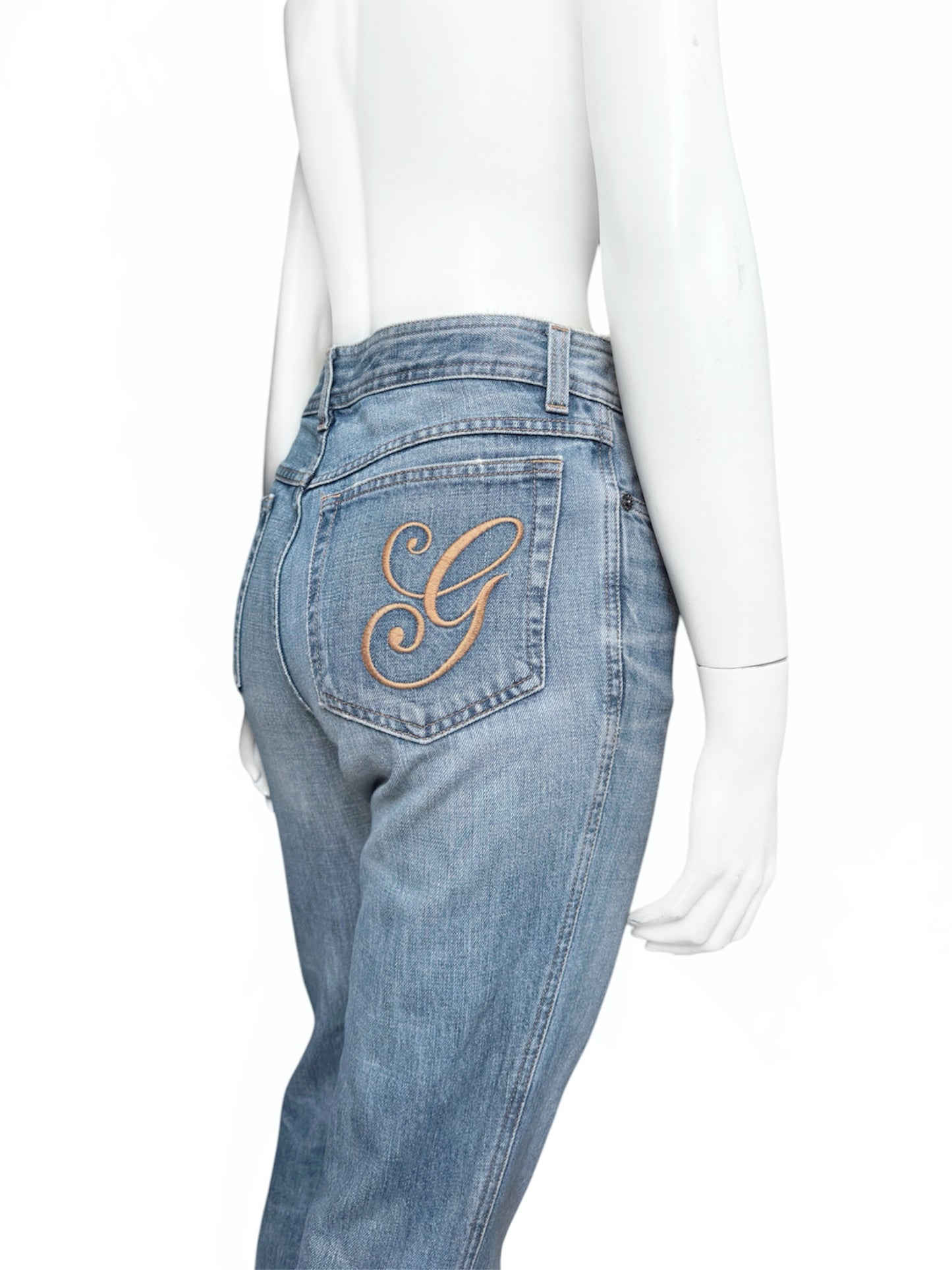 Gucci Fall 2001 Tom Ford “G” Cursive Embroidery Light Blue Washed Jeans 40