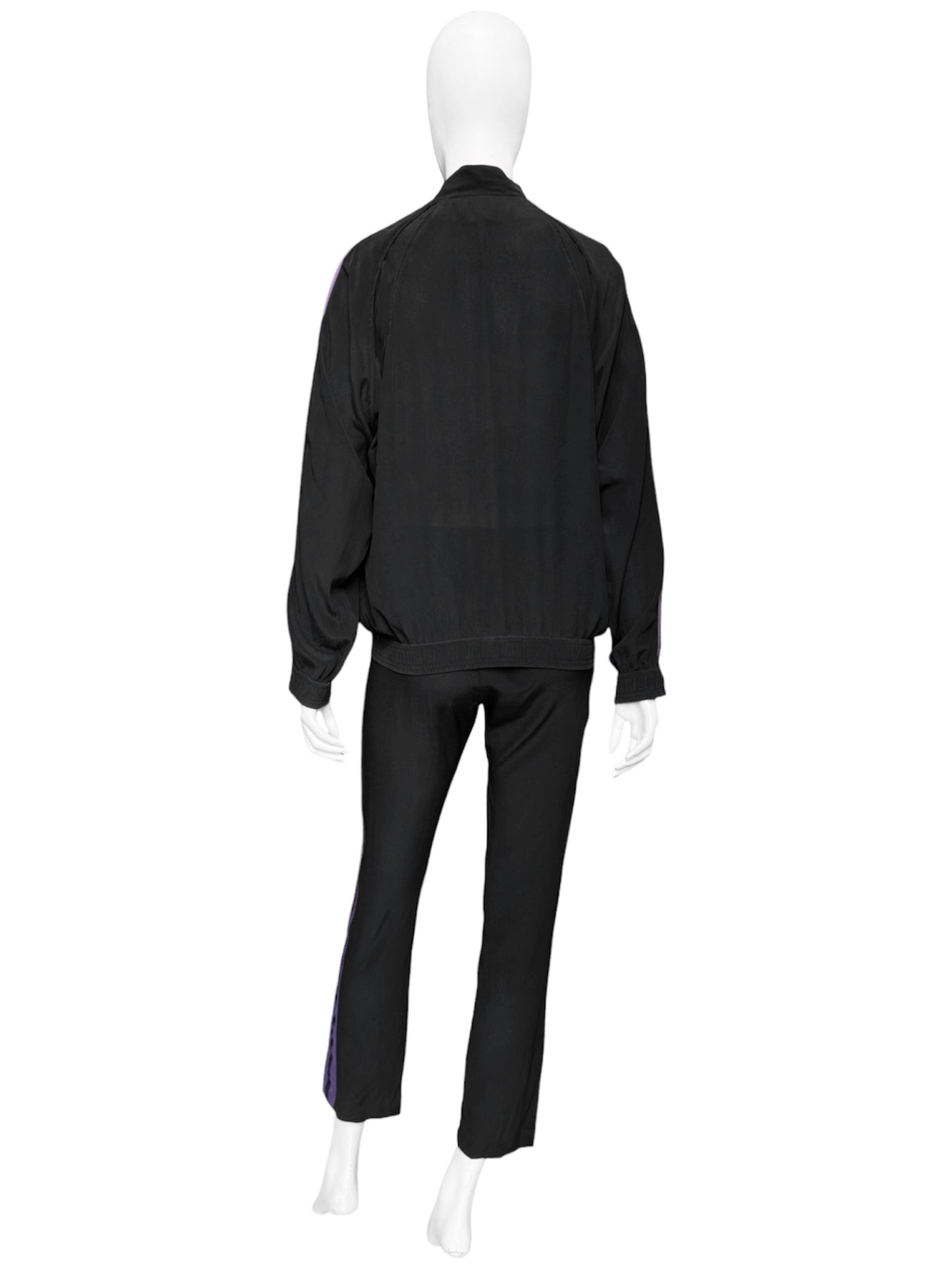 Gucci Spring 2004 Tom Ford Black Webbing Striped Crepe de Chine Silk Bomber Jacket pants tracksuit 38