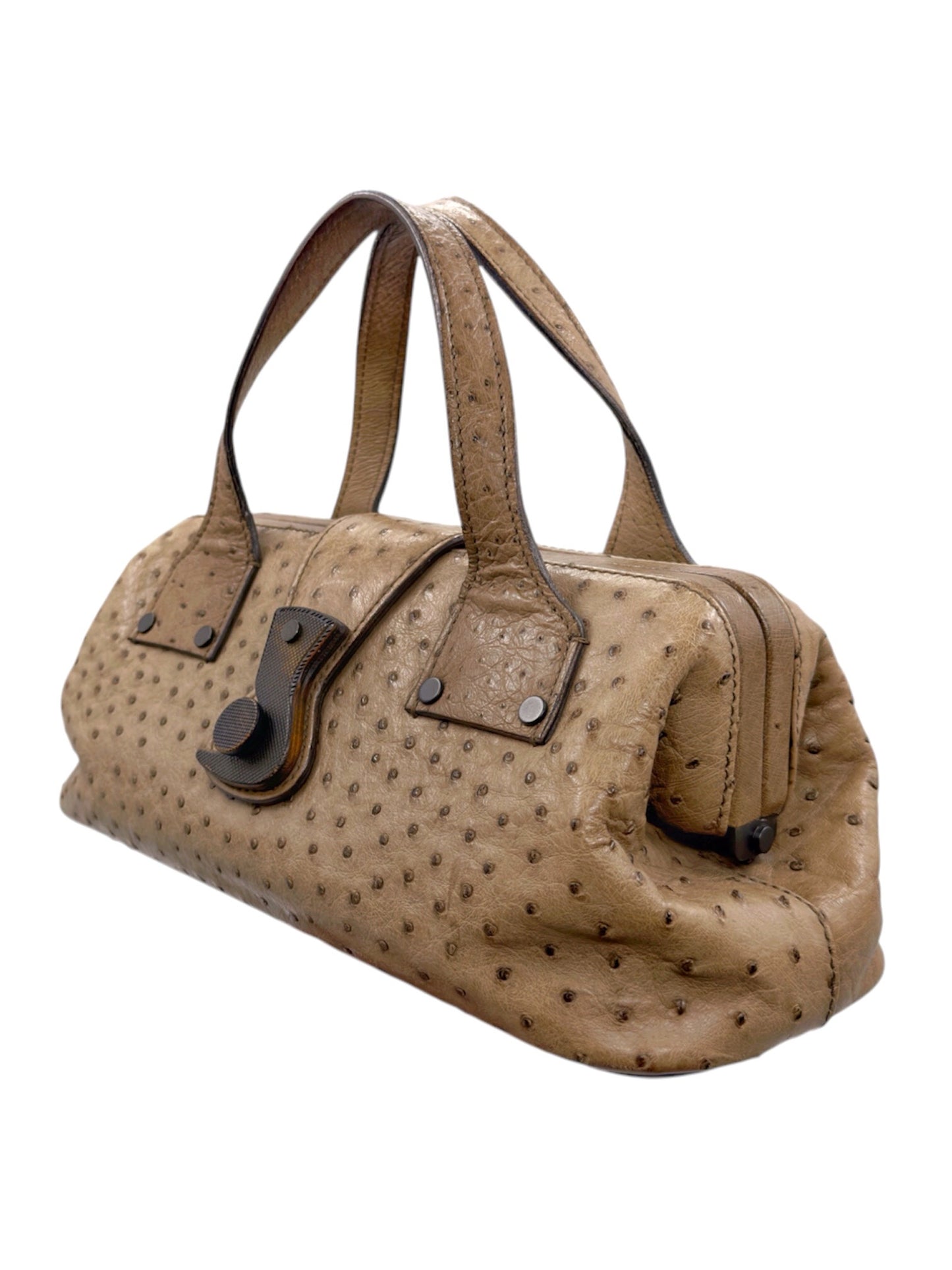 Gucci Fall 2002 Tom Ford Light Bark Beige Ostrich Leather Wooden Hook Doctors Bag Handbag