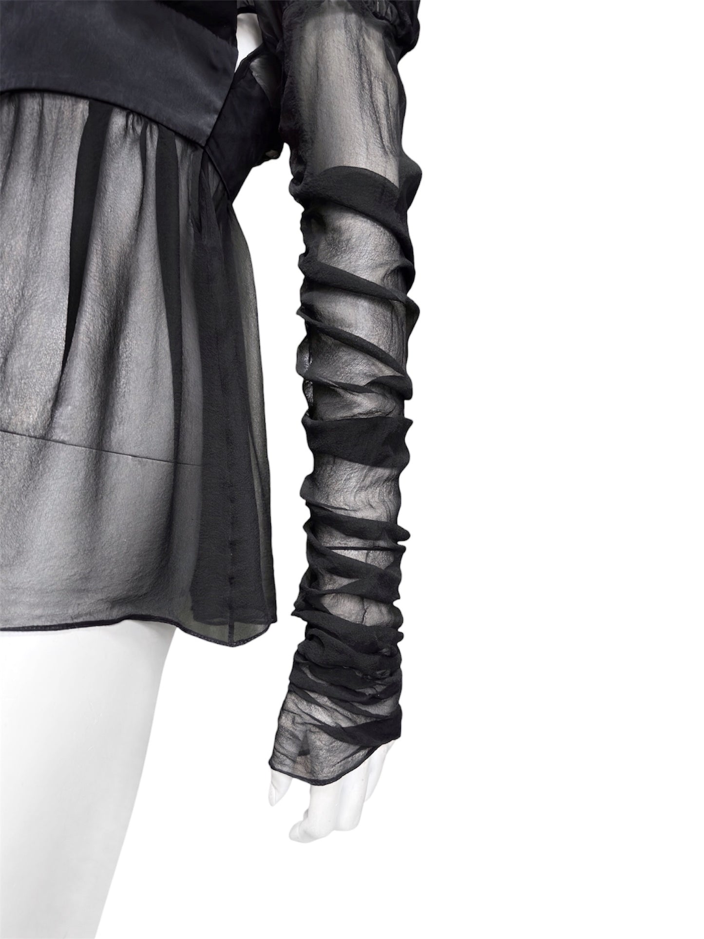 Gucci Fall 2005 Black Drop Shoulder Ruched Sheer Pure Silk Satin Top 40