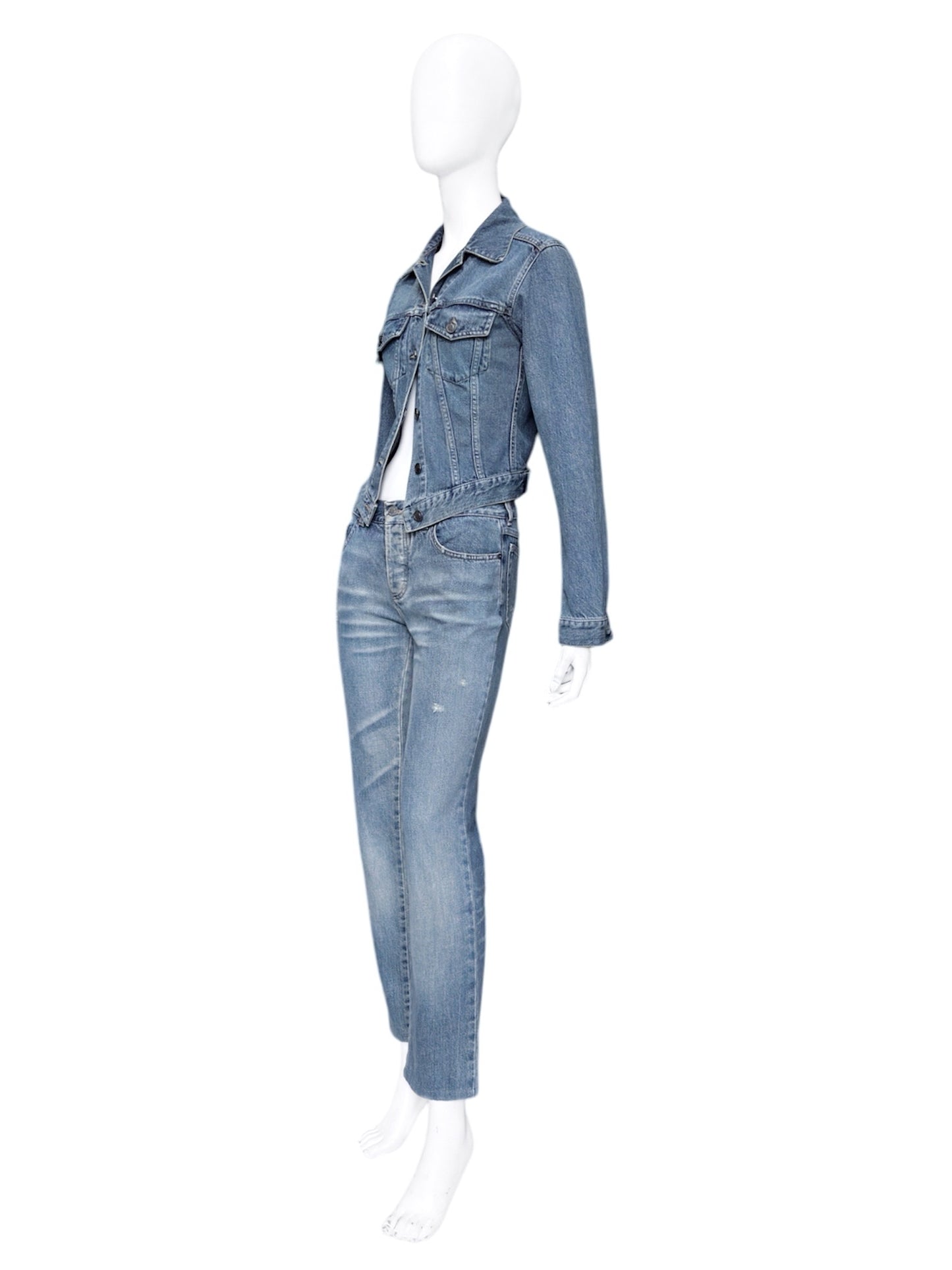 Gucci Spring 2001 Tom Ford Light Blue Denim Cropped Jacket Jeans Set 38