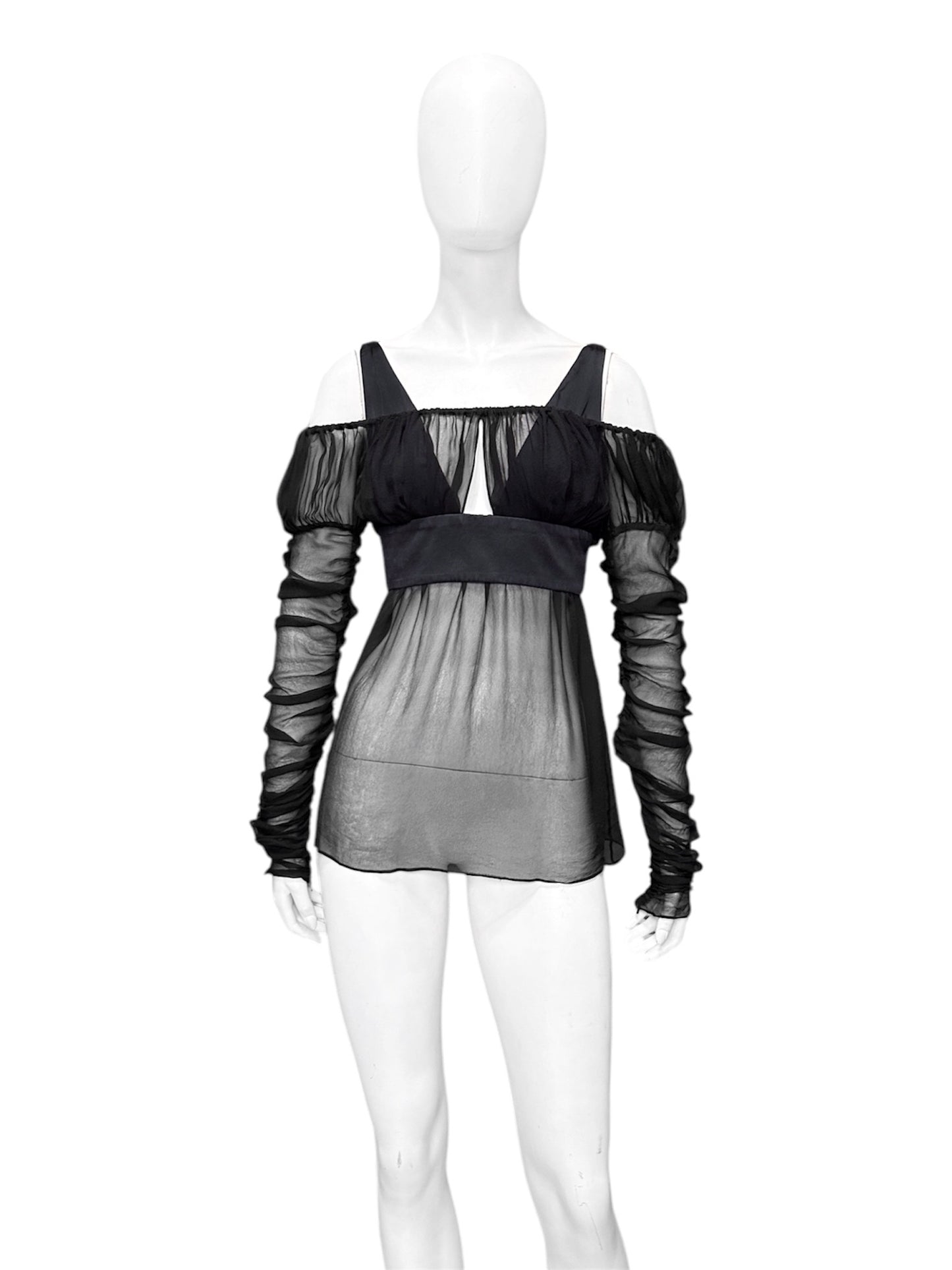 Gucci Fall 2005 Black Drop Shoulder Ruched Sheer Pure Silk Satin Top 40