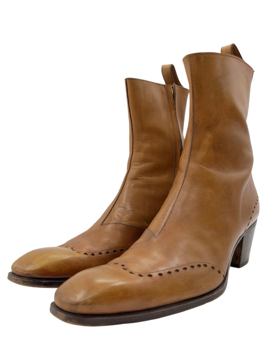 Yves Saint Laurent Rive Gauche Tom Ford Spring 2004 Men’s First Edition 65mm “Jonny” Brown Leather Wingtip Cuban Heeled Boots 44