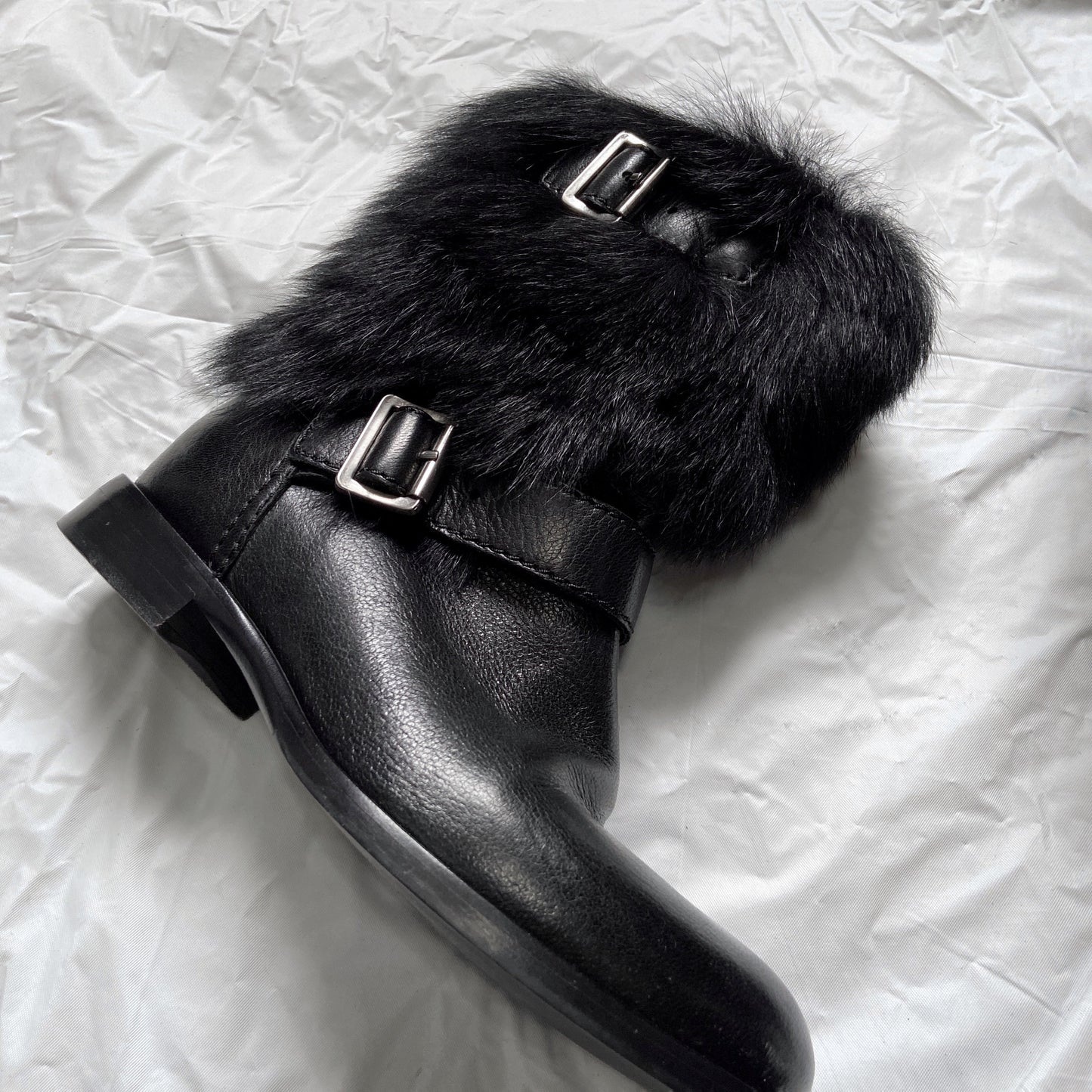 Prada Pony Fur Buckle Strap Ankle Boots 35.5