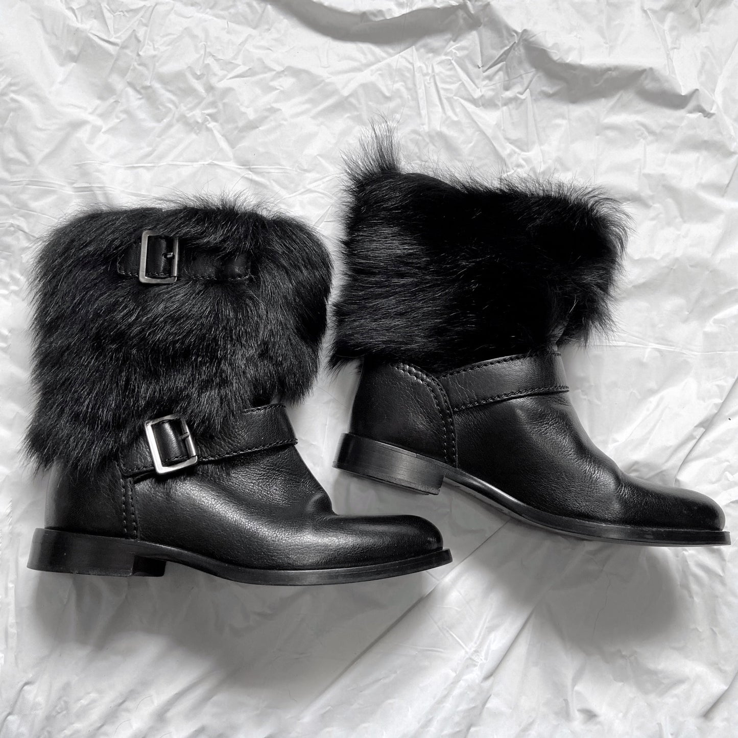 Prada Pony Fur Buckle Strap Ankle Boots 35.5