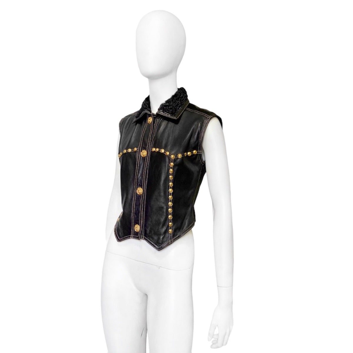 Gianni Versace Fall 1992 Midnight Cowgirl Lambskin Leather Vest with Mongolian Hair Collar and Gold Medusa Embellishments