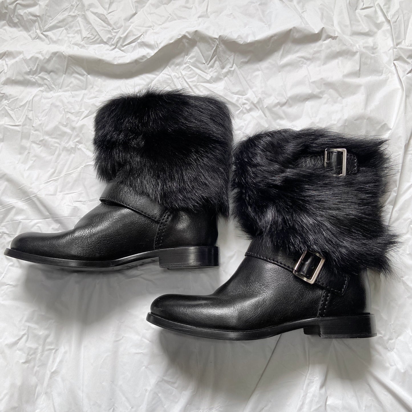Prada Pony Fur Buckle Strap Ankle Boots 35.5