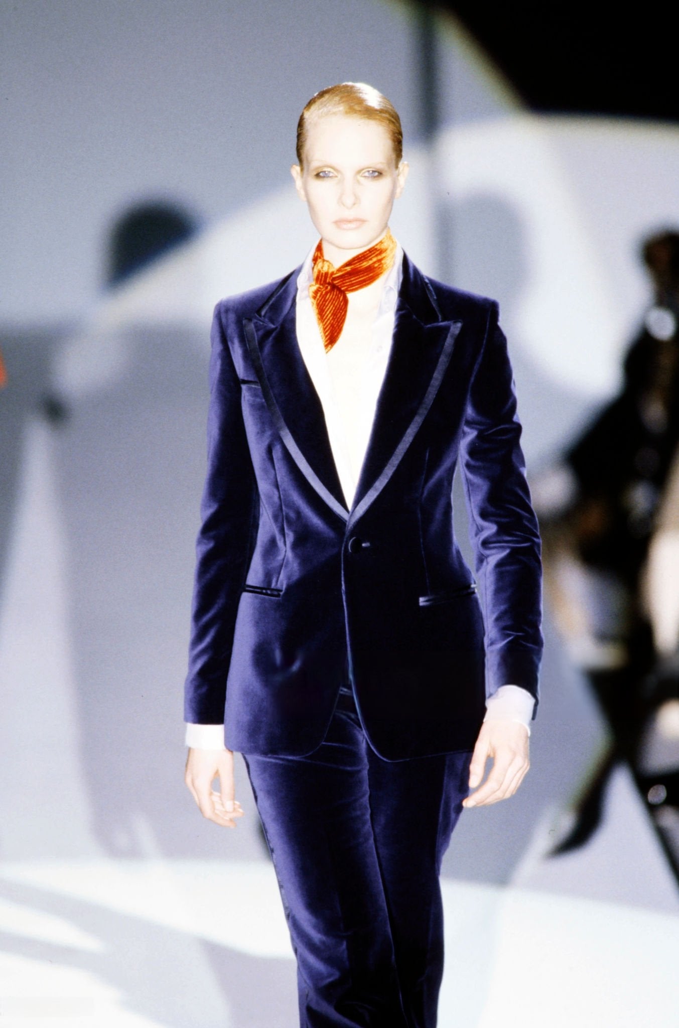 Gucci Fall 1996 Tom Ford Blue Velvet Striped Silk Scarf Neckpiece