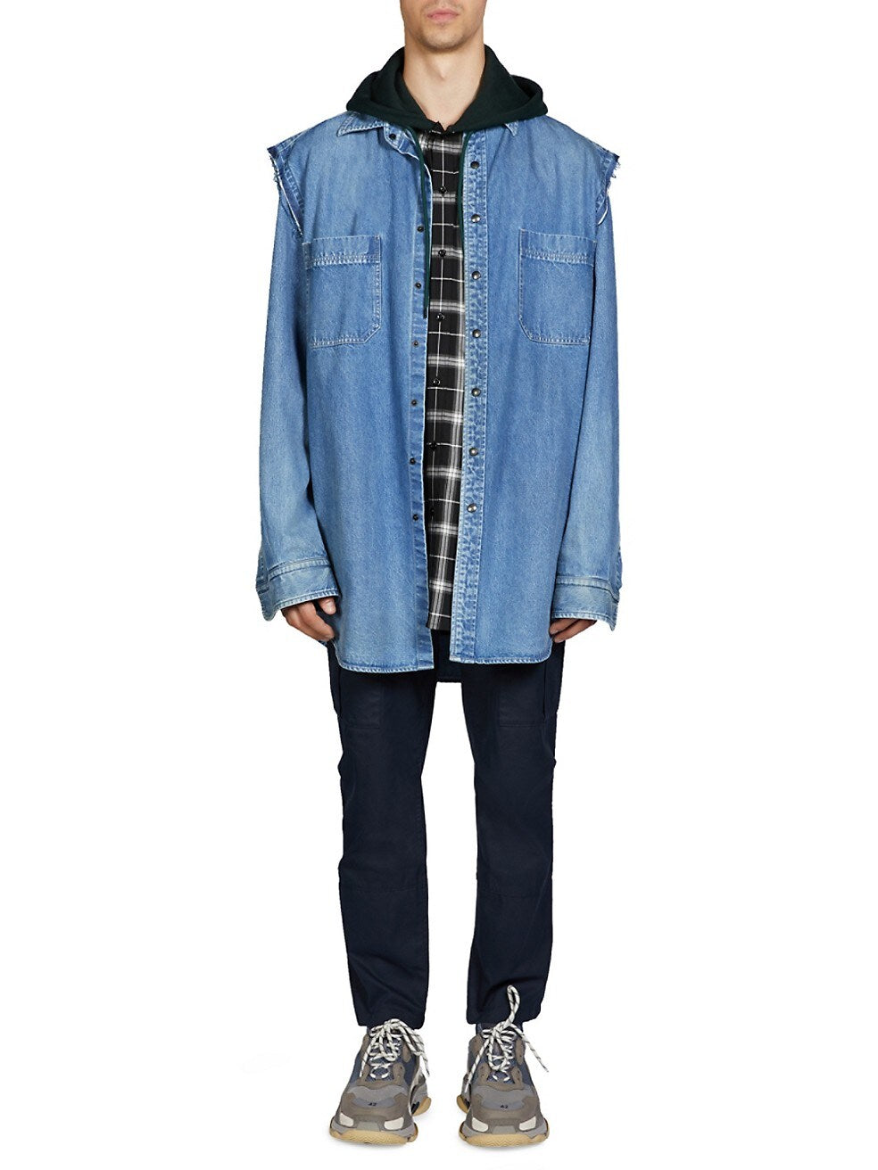 Balenciaga twinset denim plaid shirt mix with hood L
