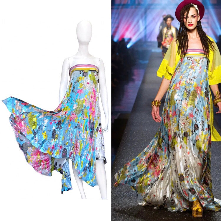 Jean Paul Gaultier Spring 2013 Boy George Kimono Pleated Silk Floral Skirt Strapless Dress