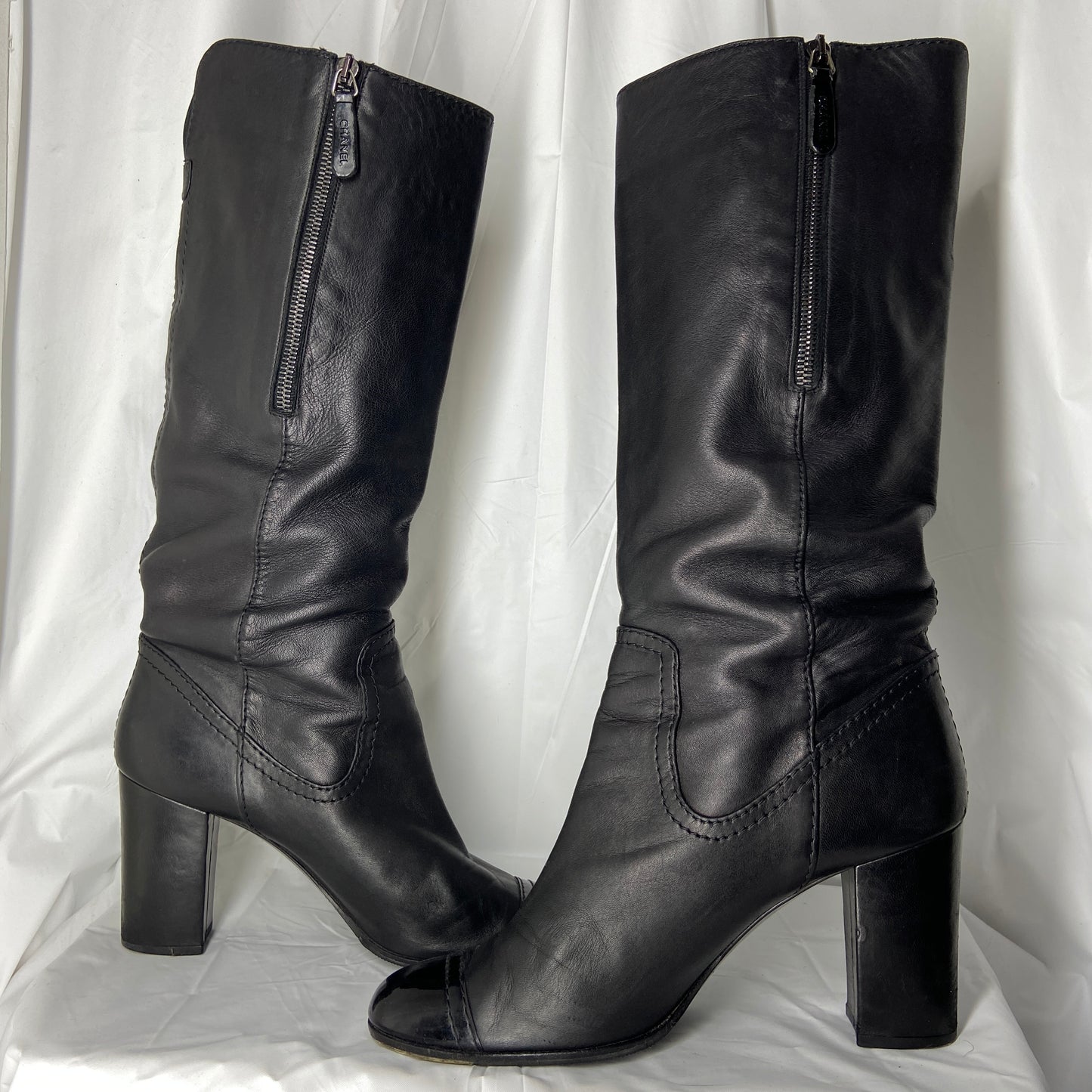 Chanel calf leather knee high heel boots 39