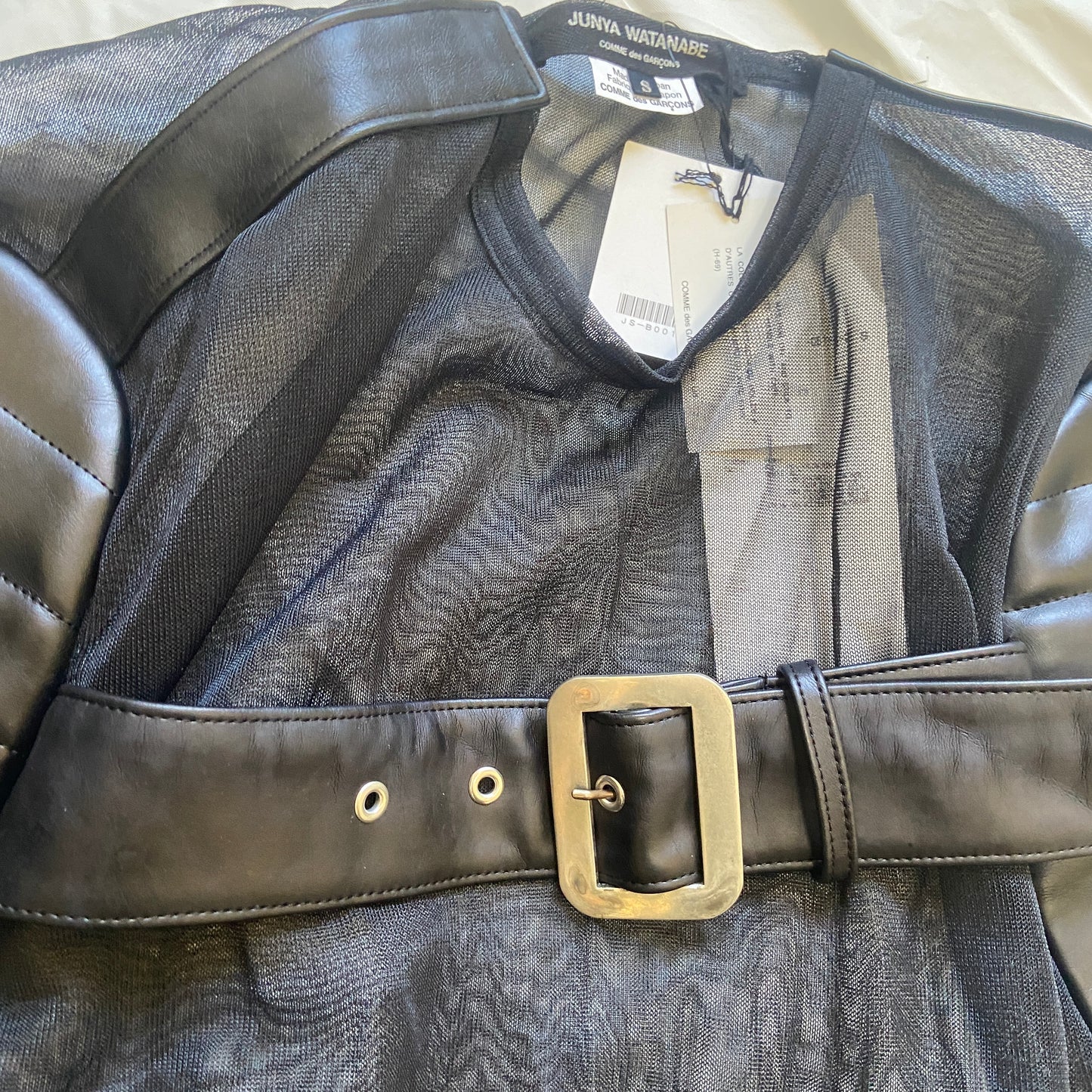 Junya Watanabe fw20 black mesh top with leather sleeves S