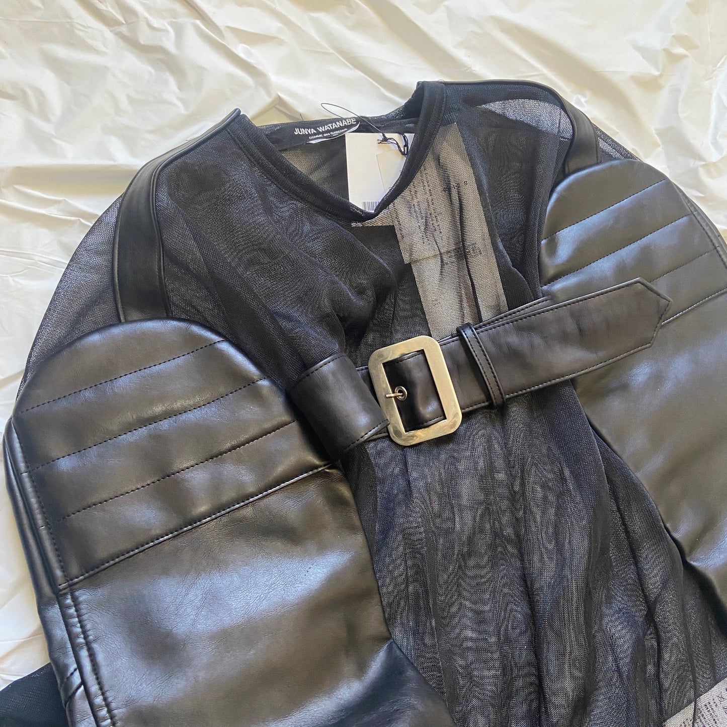 Junya Watanabe fw20 black mesh top with leather sleeves S