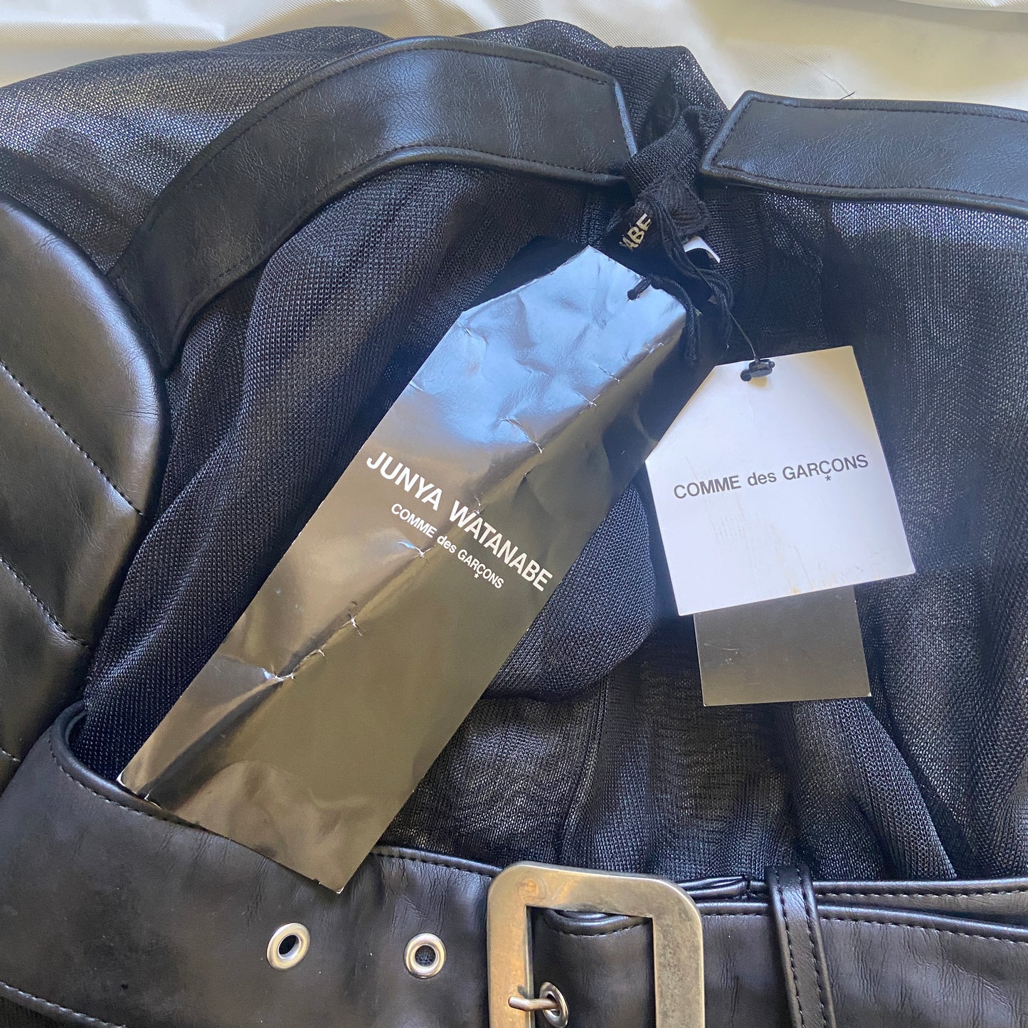 Junya Watanabe fw20 black mesh top with leather sleeves S