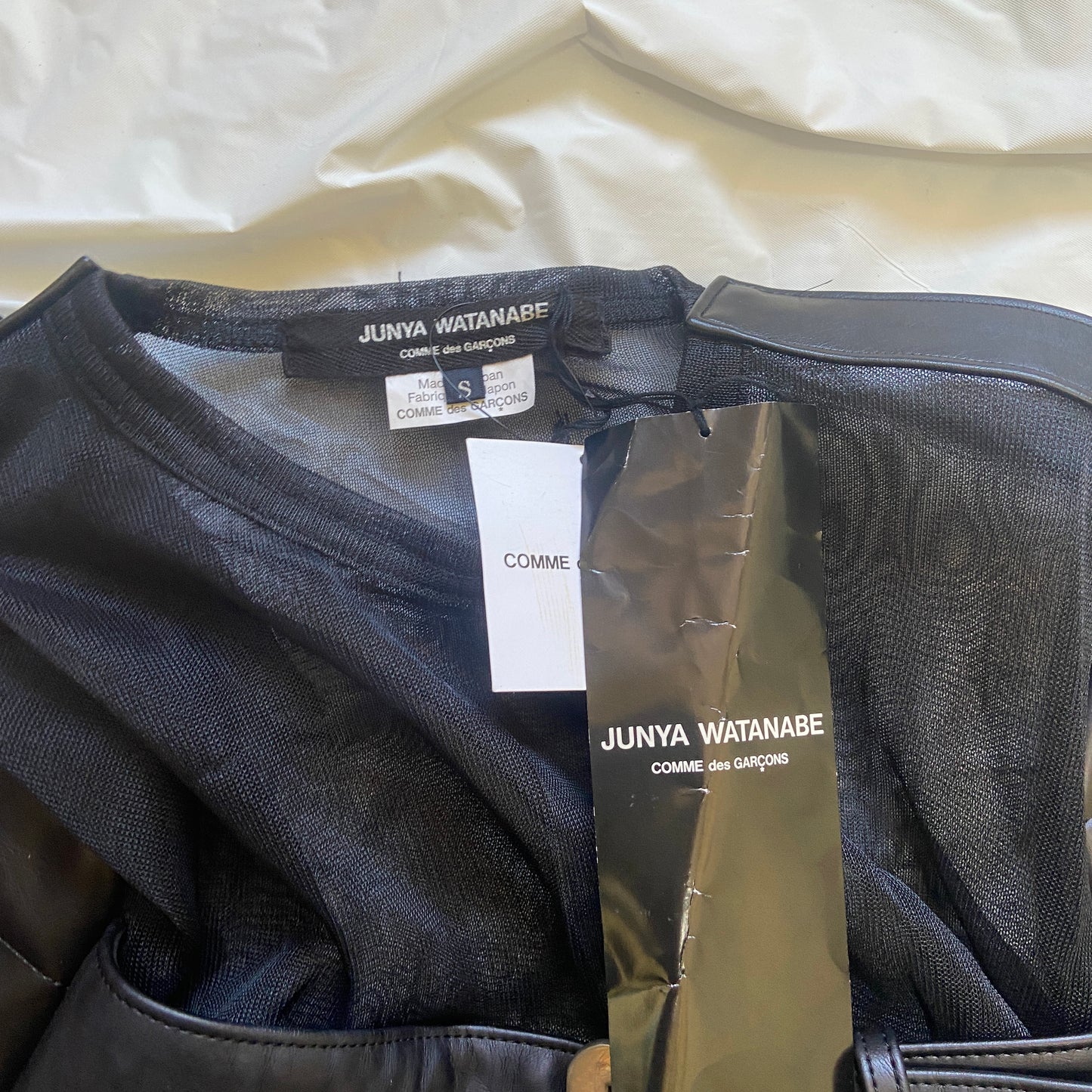 Junya Watanabe fw20 black mesh top with leather sleeves S