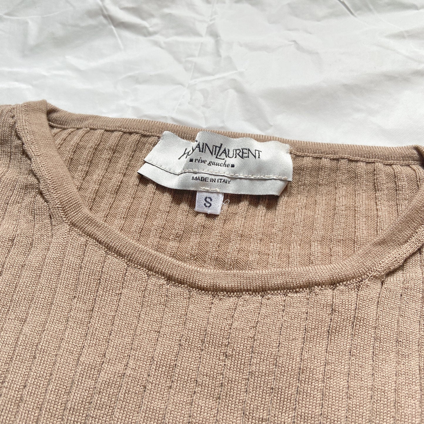 Yves Saint Laurent Rive Gauche Tom Ford beige rib knit stretch top S