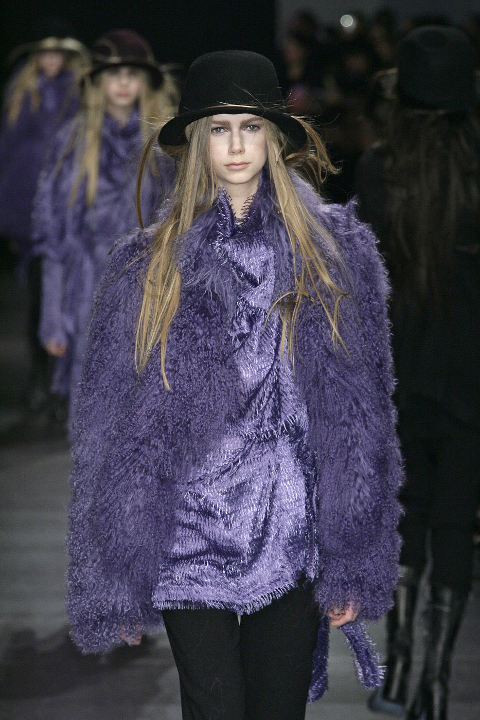 Ann Demeulemeester fall 2008 purple fur like fringe silk dress 36