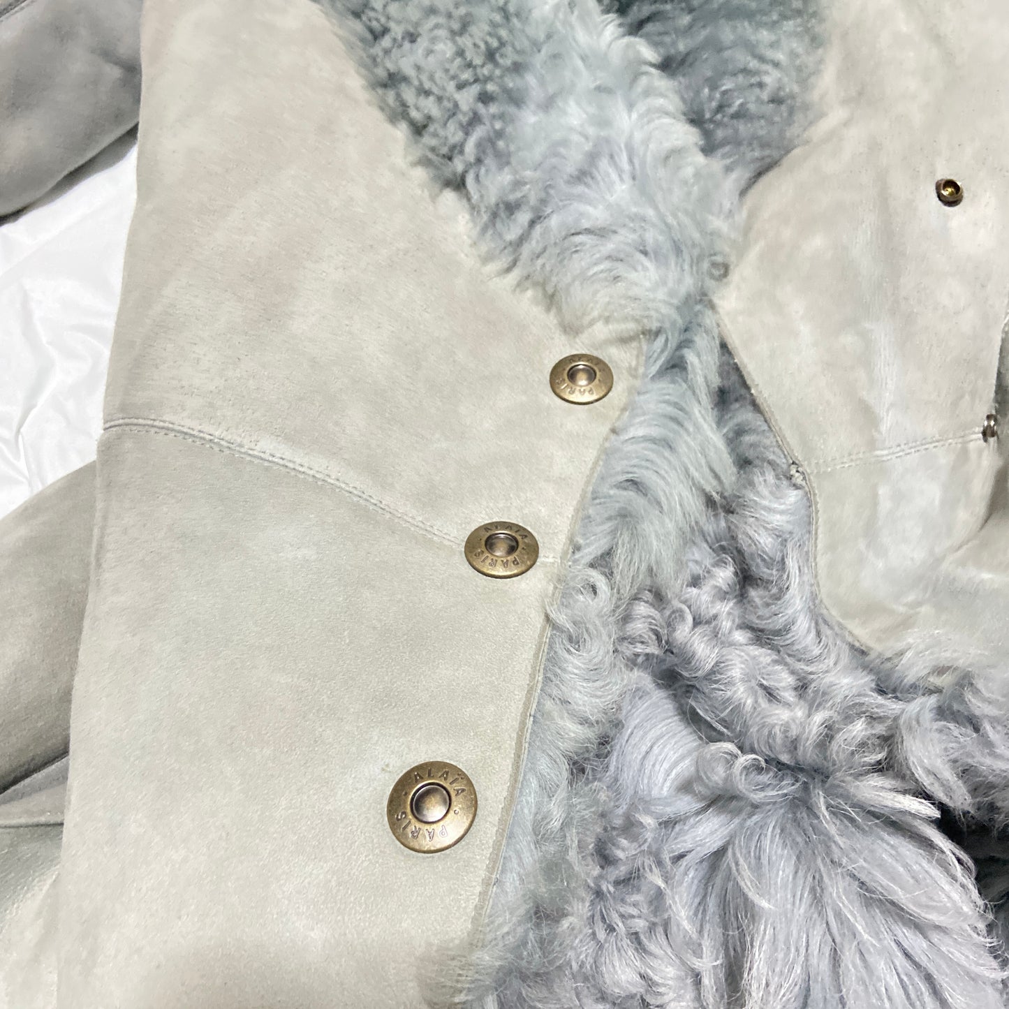 Alaïa mint blue shearling fur trimlambskin coat jacket