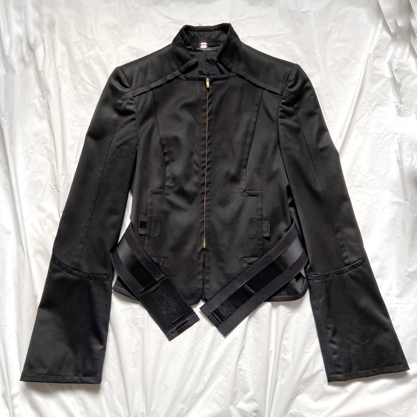Gucci Tom Ford 2004 fall black leather belt jacket flared sleeves