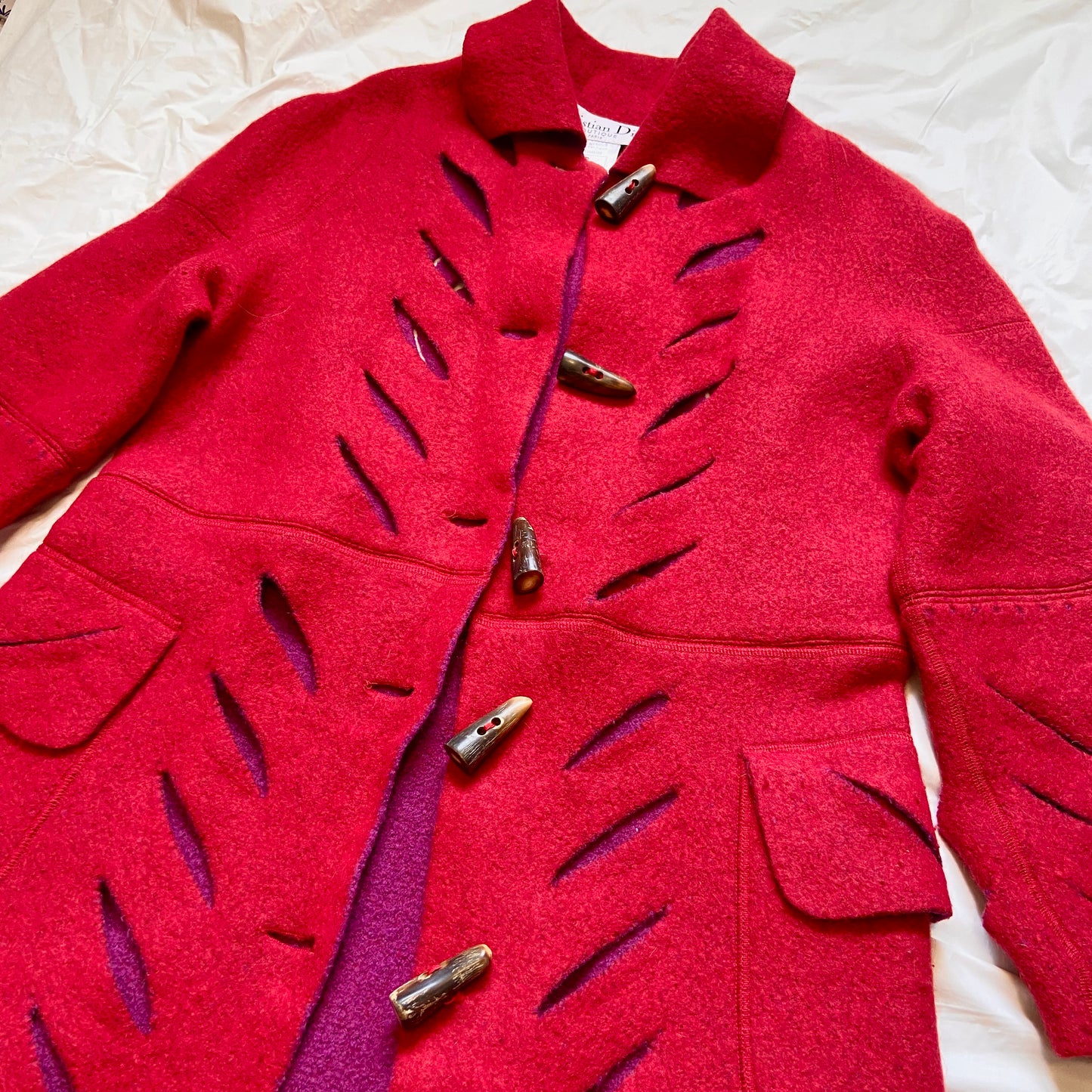 Dior fw02 Galliano runway long red cut out wool duffle coat with scarf S