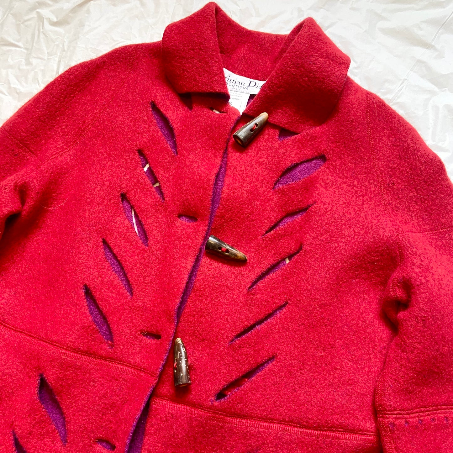 Dior fw02 Galliano runway long red cut out wool duffle coat with scarf S