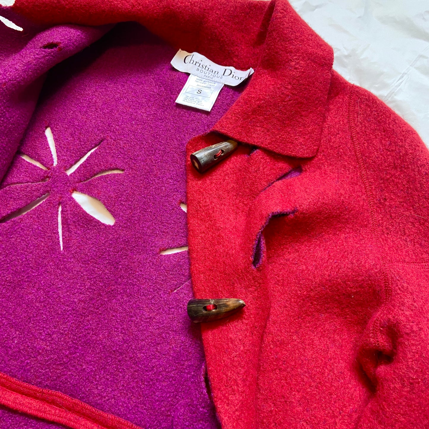 Dior fw02 Galliano runway long red cut out wool duffle coat with scarf S