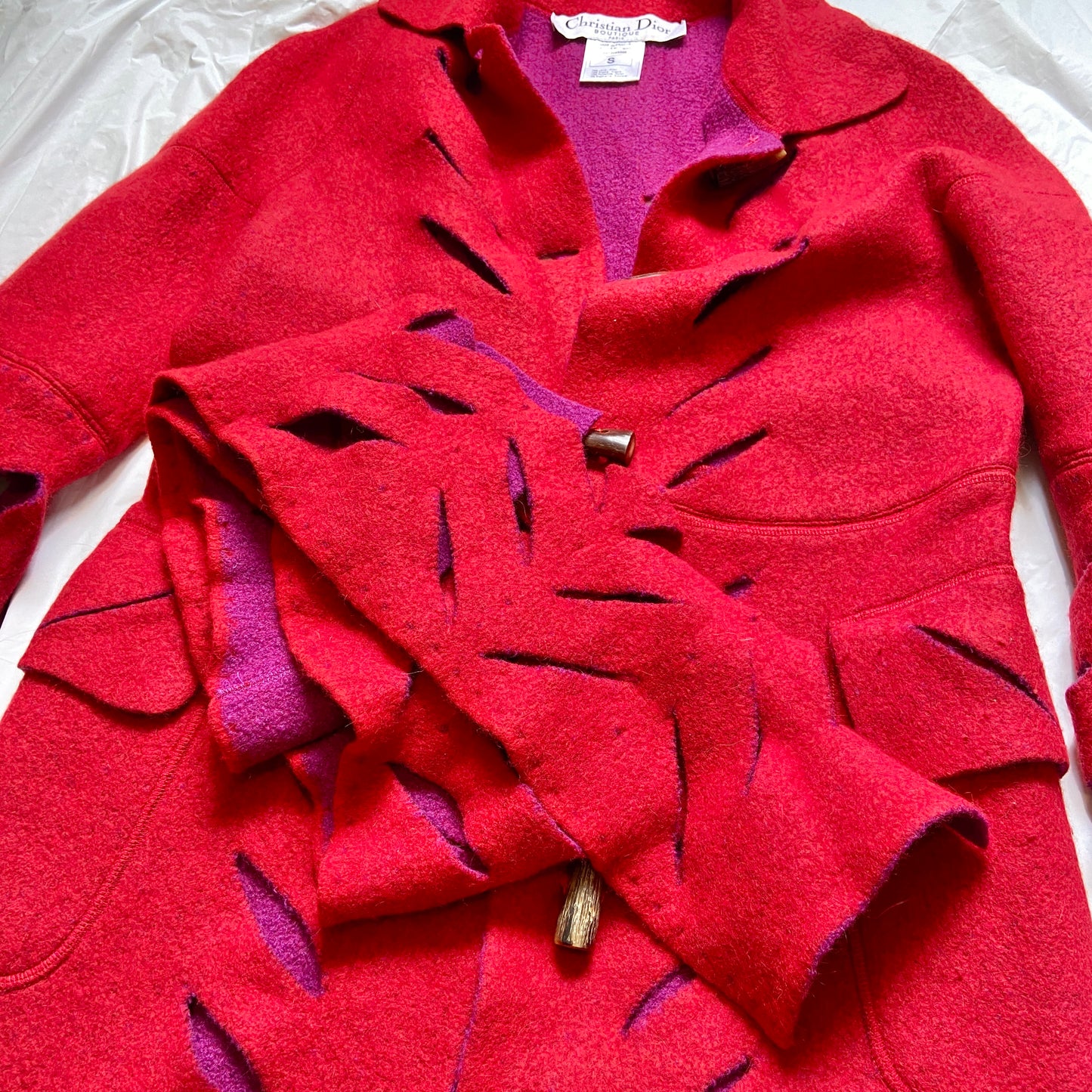 Dior fw02 Galliano runway long red cut out wool duffle coat with scarf S