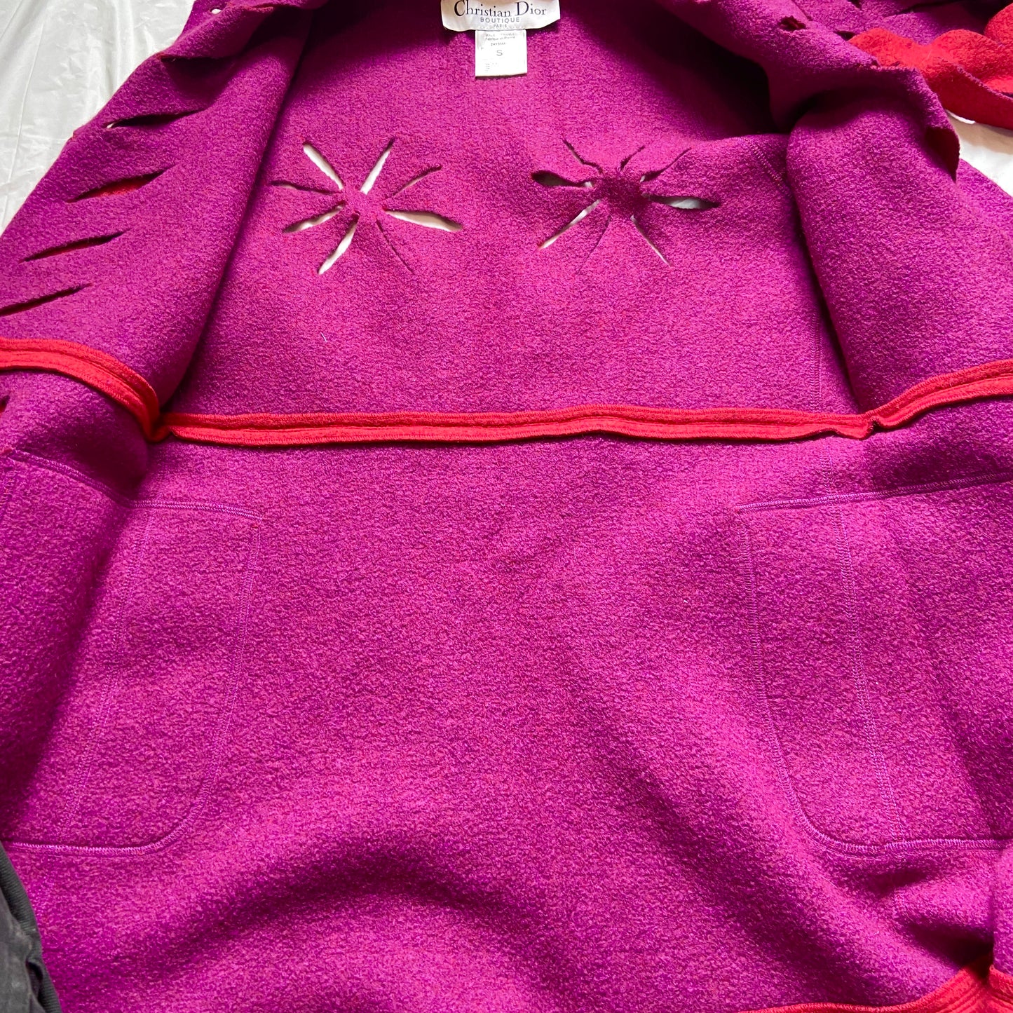 Dior fw02 Galliano runway long red cut out wool duffle coat with scarf S