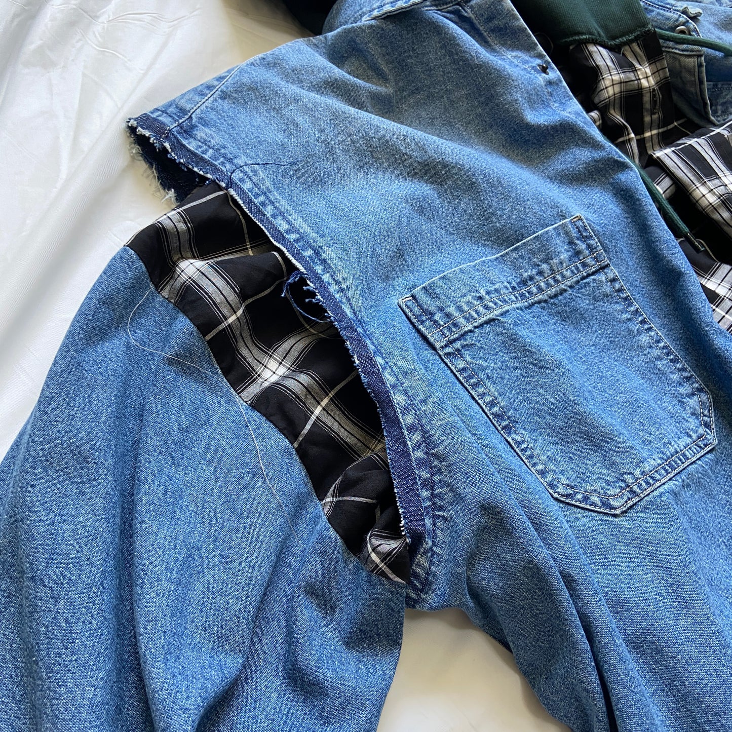 Balenciaga twinset denim plaid shirt mix with hood L