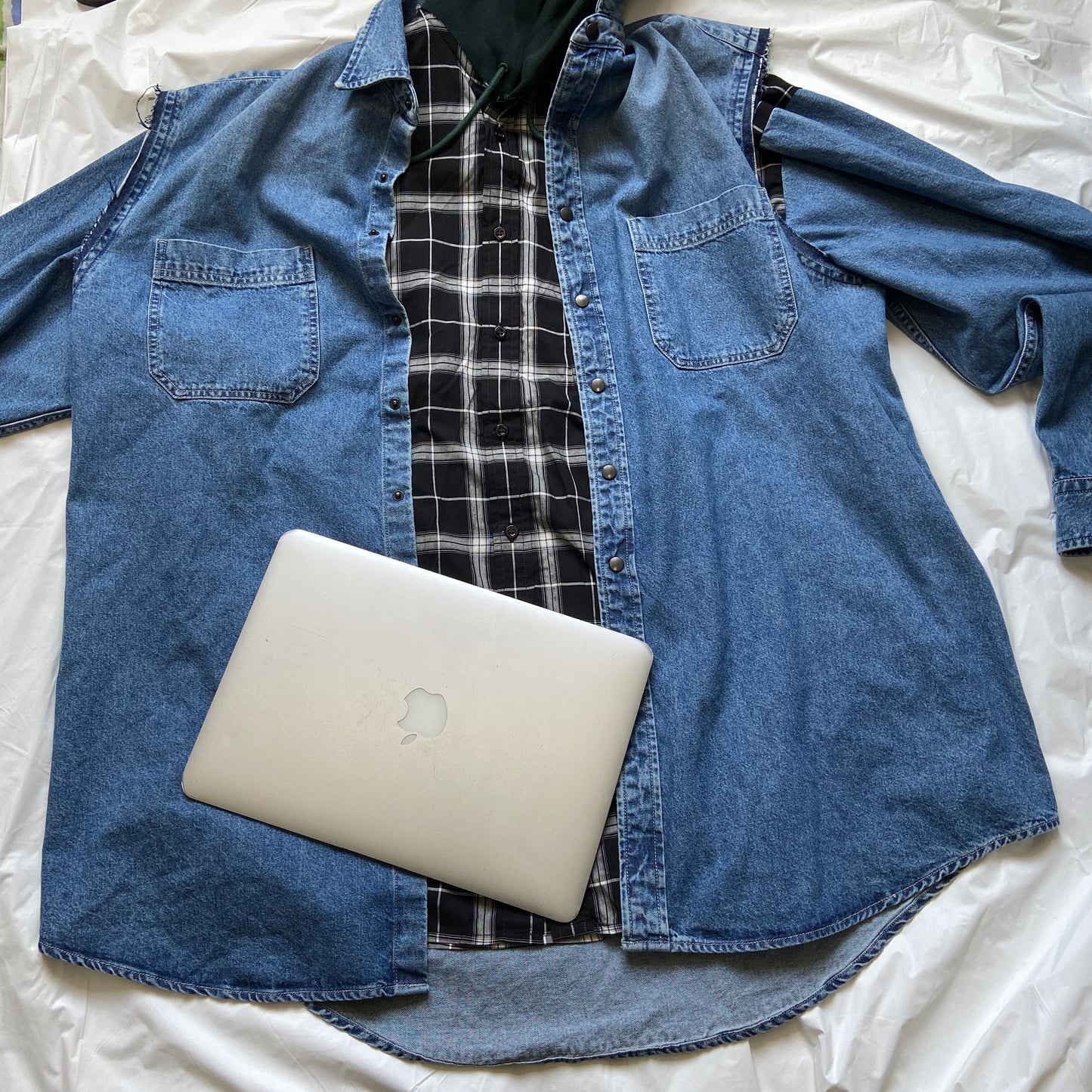 Balenciaga twinset denim plaid shirt mix with hood L