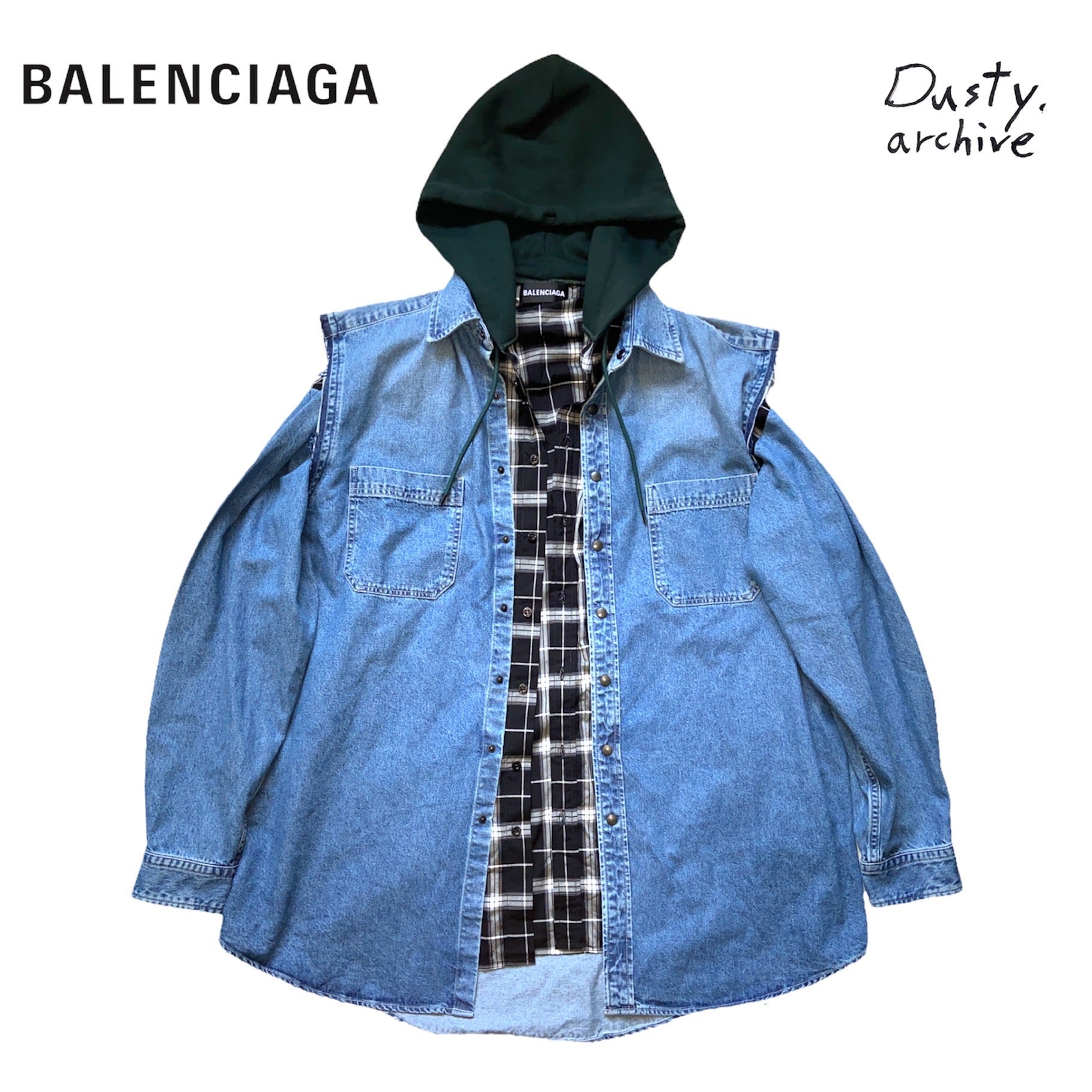 Balenciaga twinset denim plaid shirt mix with hood L – Dusty Archive