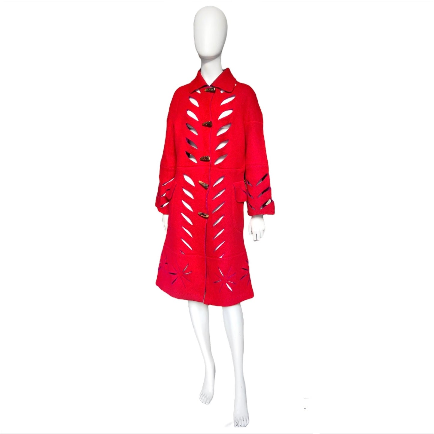 Dior fw02 Galliano runway long red cut out wool duffle coat with scarf S