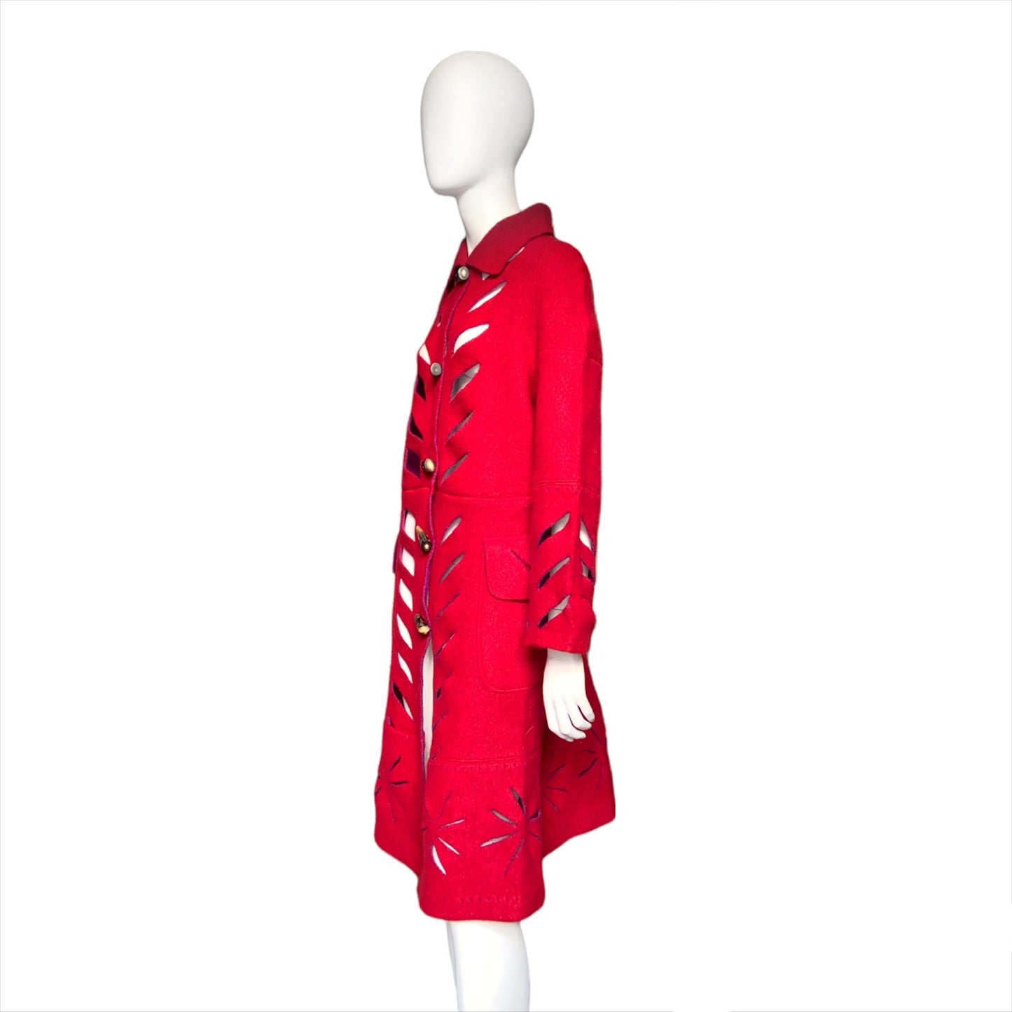 Dior fw02 Galliano runway long red cut out wool duffle coat with scarf S